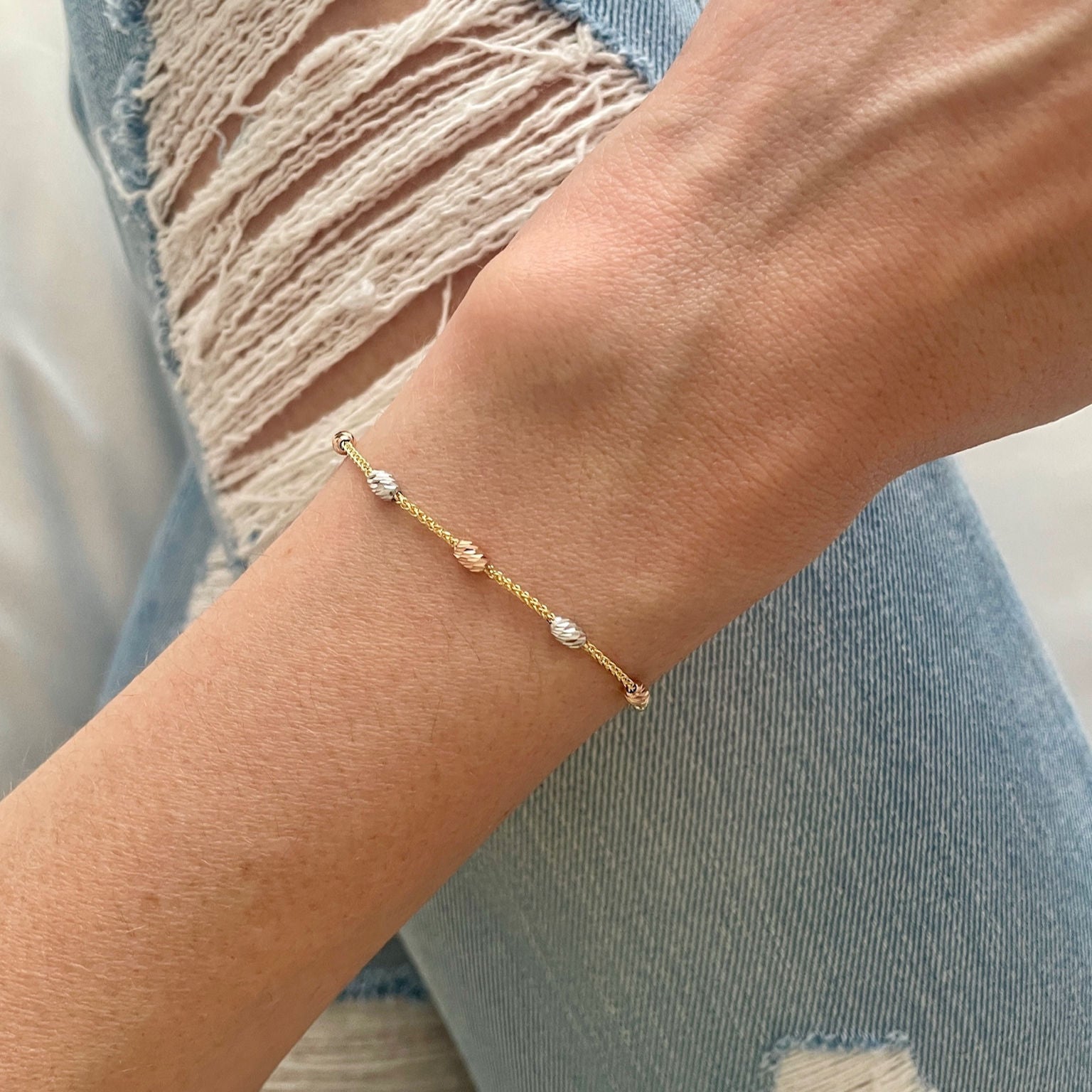 14K Tricolor Gold Friendship Bracelet – Delicate, Stylish, Adjustable