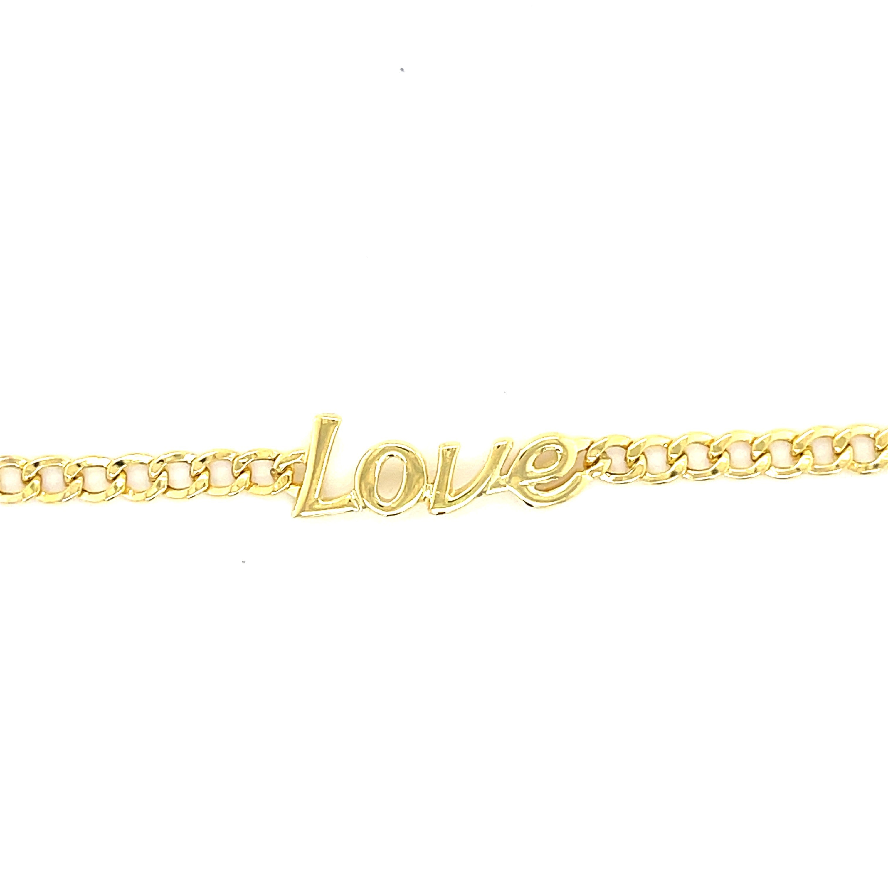 14K Yellow Gold Curb Link Bracelet Love Script Center - Polished, Lightweight, Giftable
