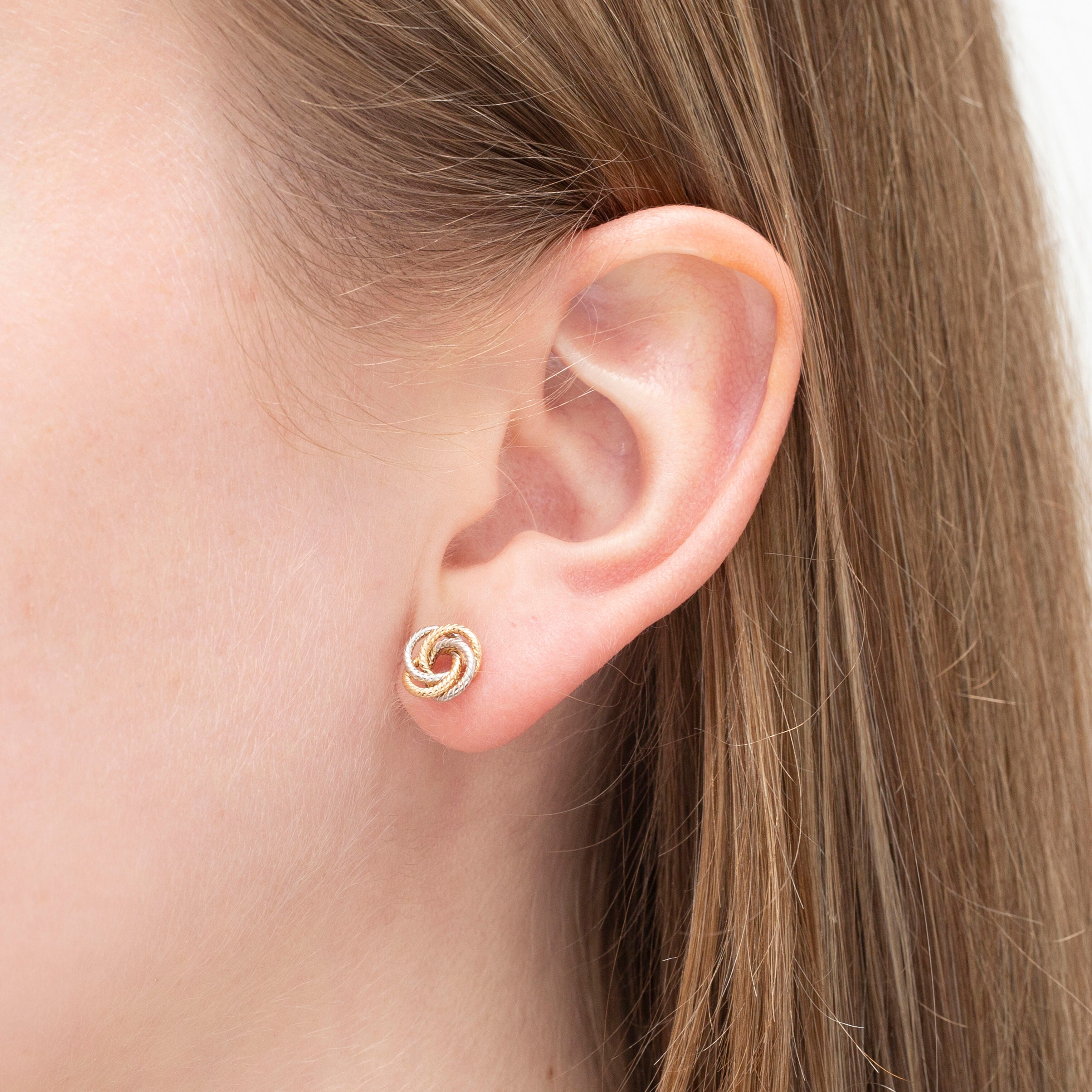 14K Two-Tone Gold Dainty Textured Love Knot Stud Earrings