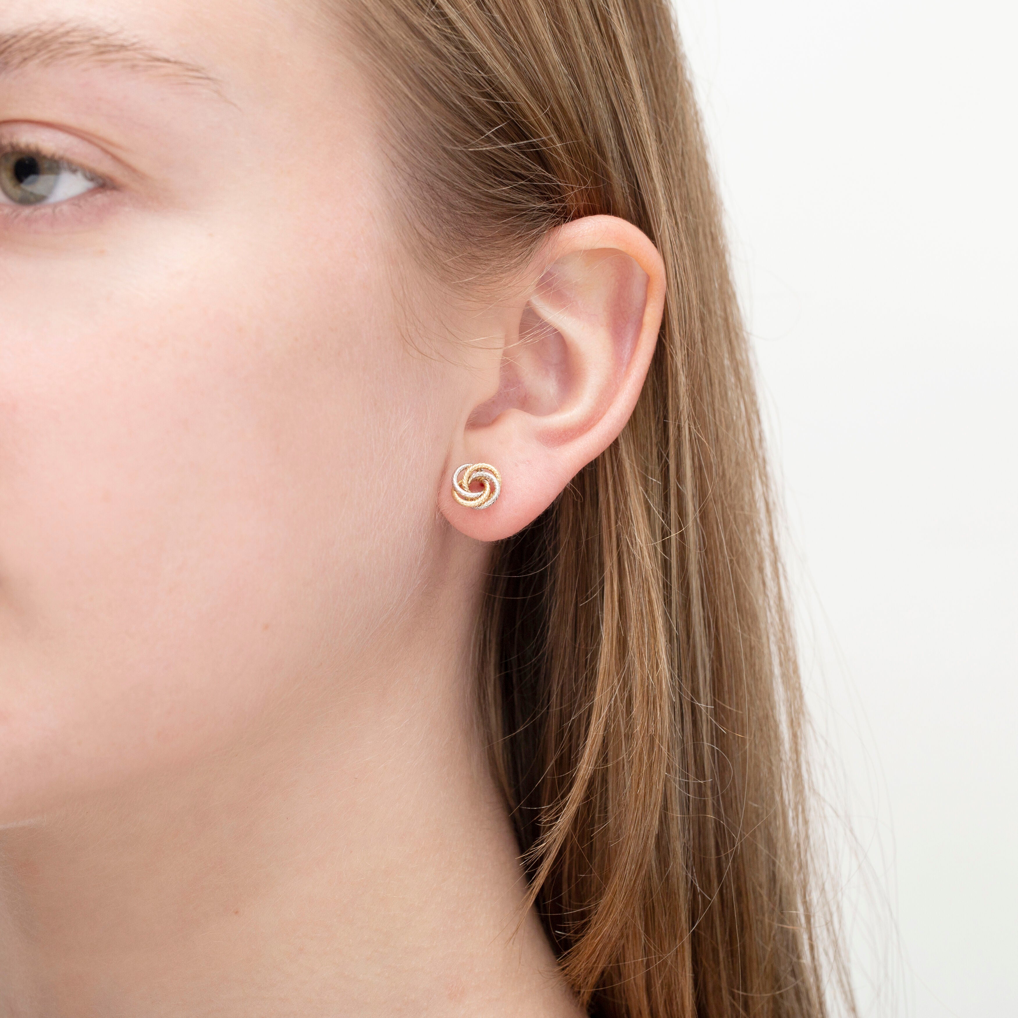 14K Two-Tone Gold Dainty Textured Love Knot Stud Earrings