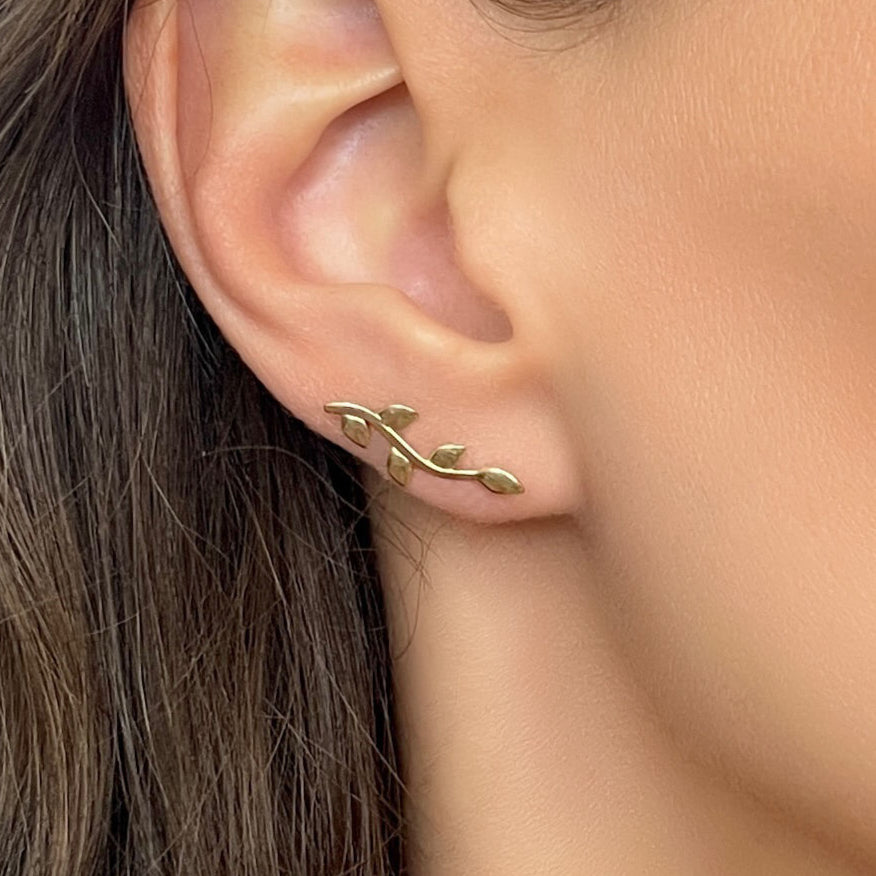 14K Yellow Gold Leaf Ear Climber Earring Set