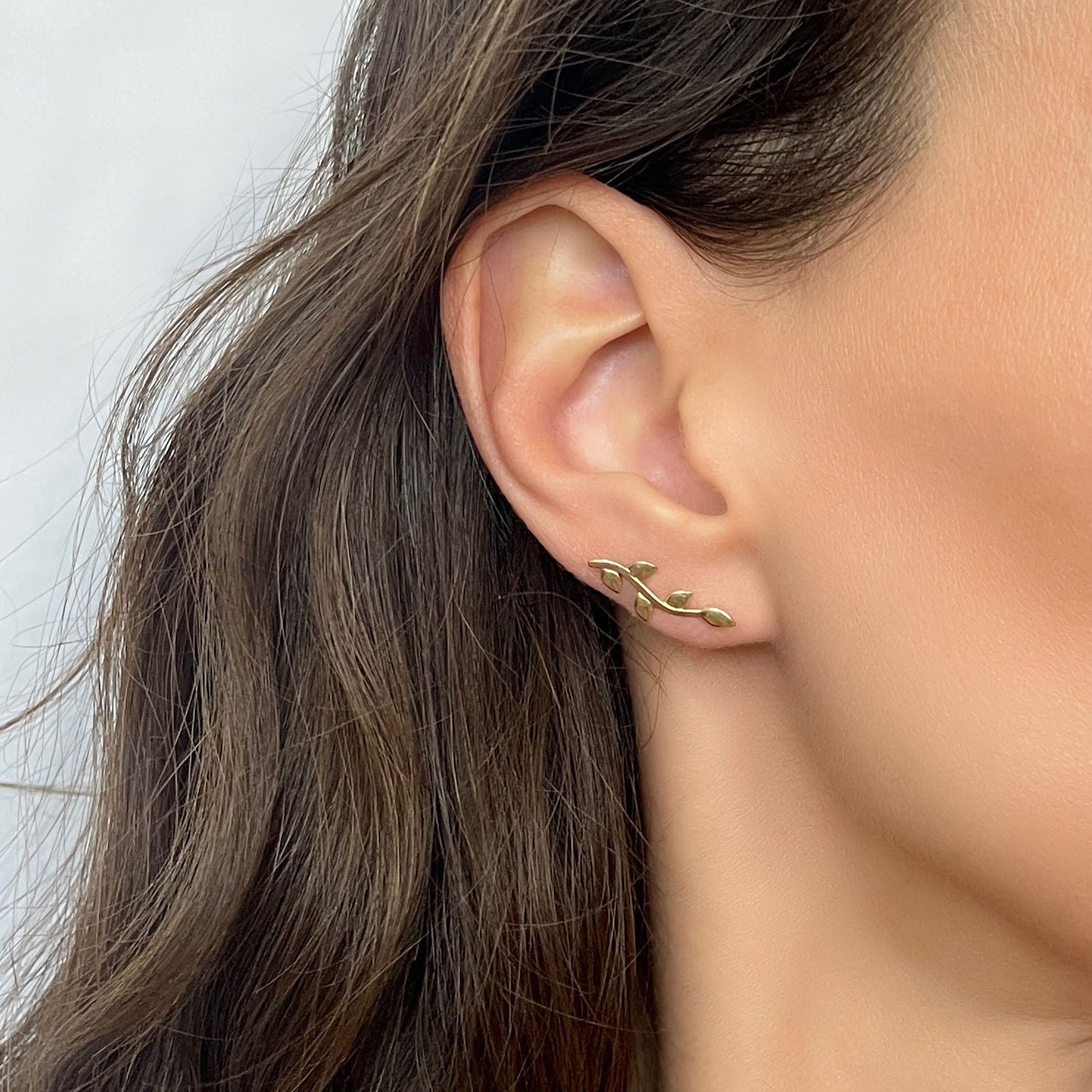 14K Yellow Gold Leaf Ear Climber Earring Set