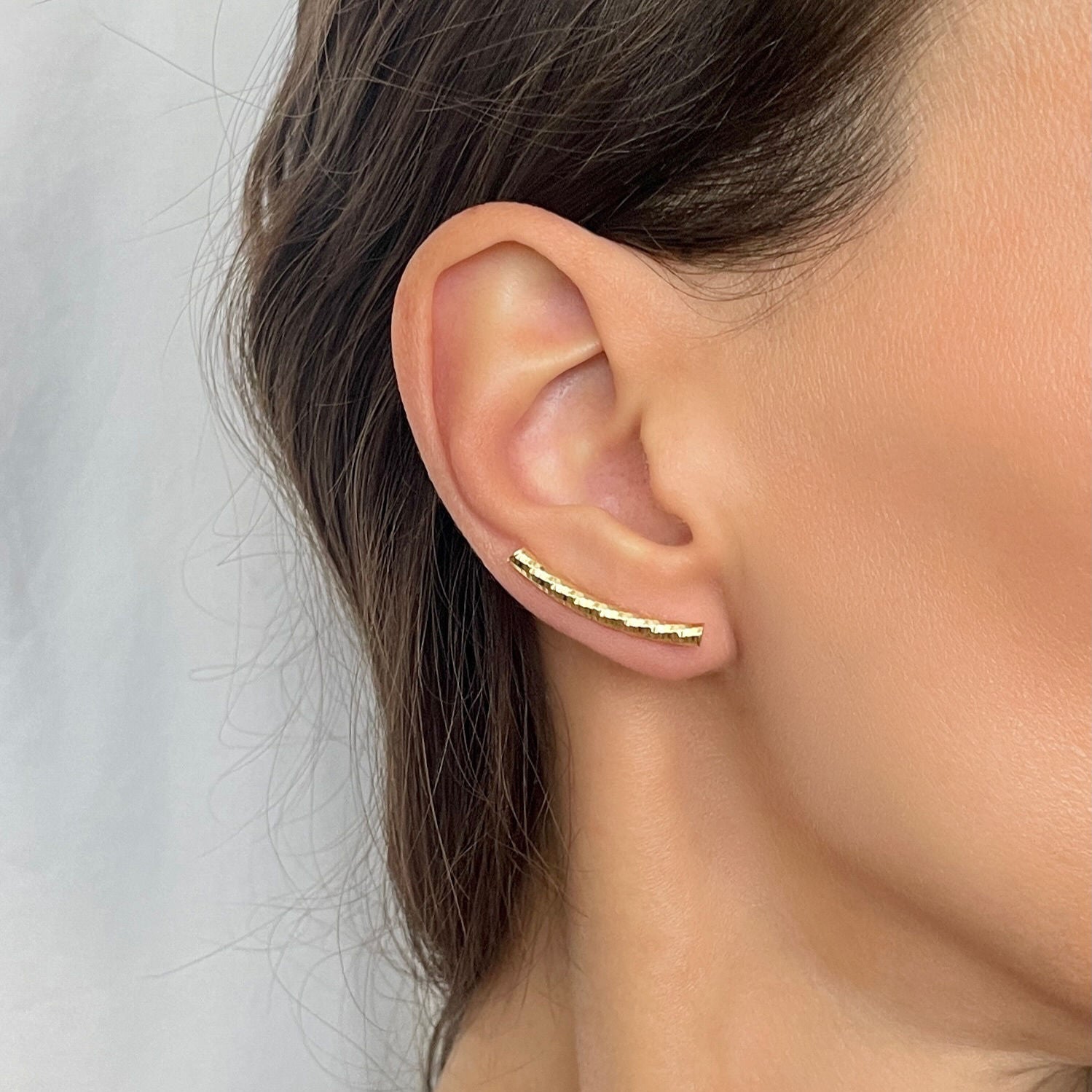 14K Gold Textured Tube Ear Climbers