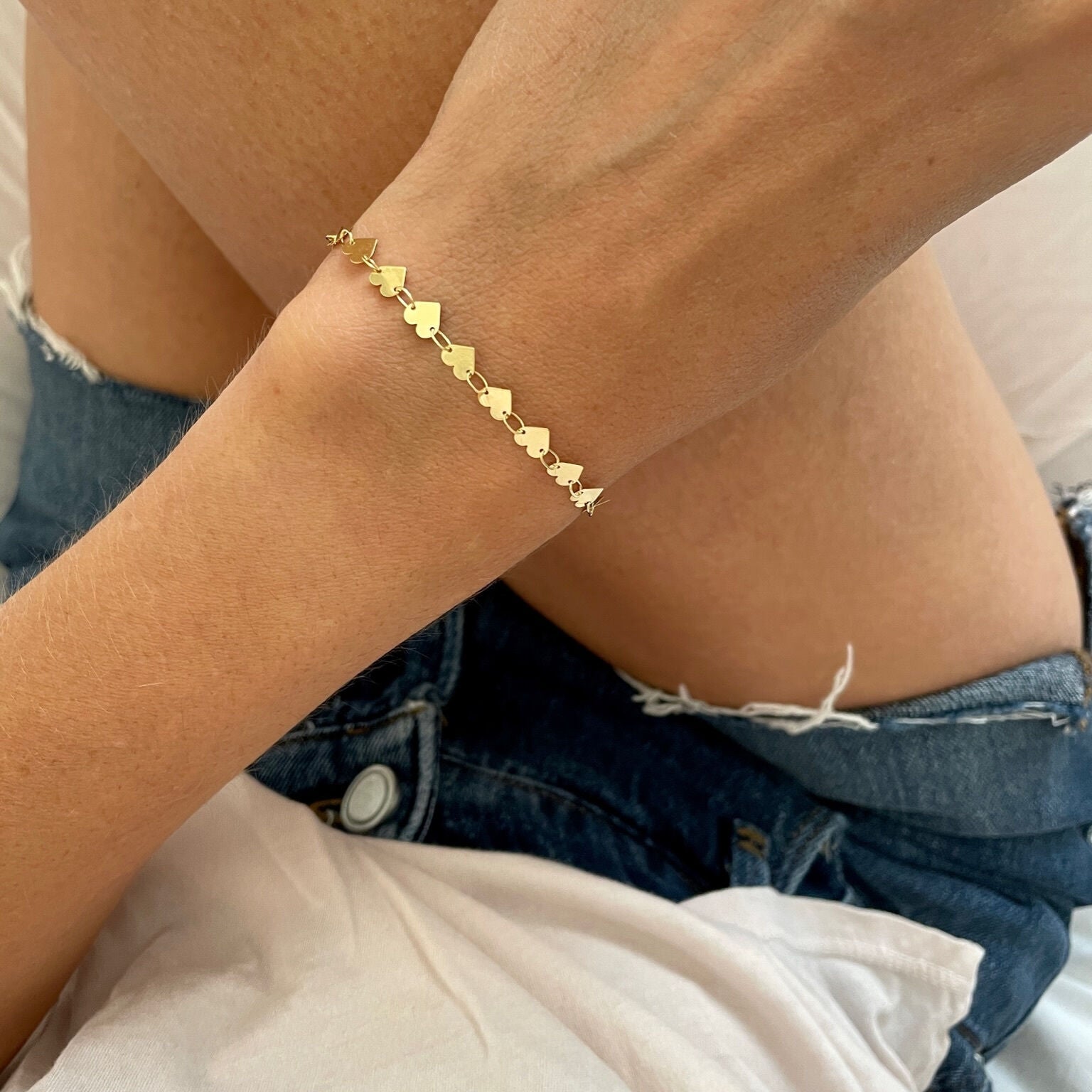 14K Gold Heart Mirror Link Bracelet