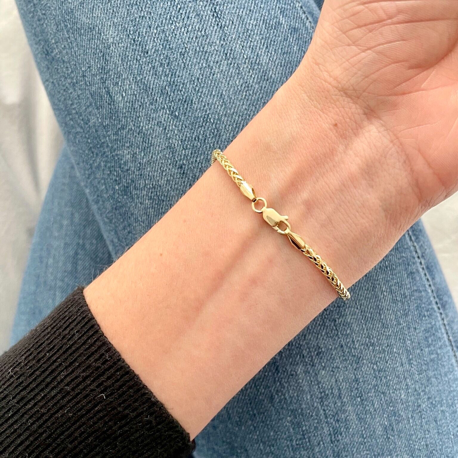 14K Yellow Gold Diamond Cut Wheat Chain Bracelet, 7.5"
