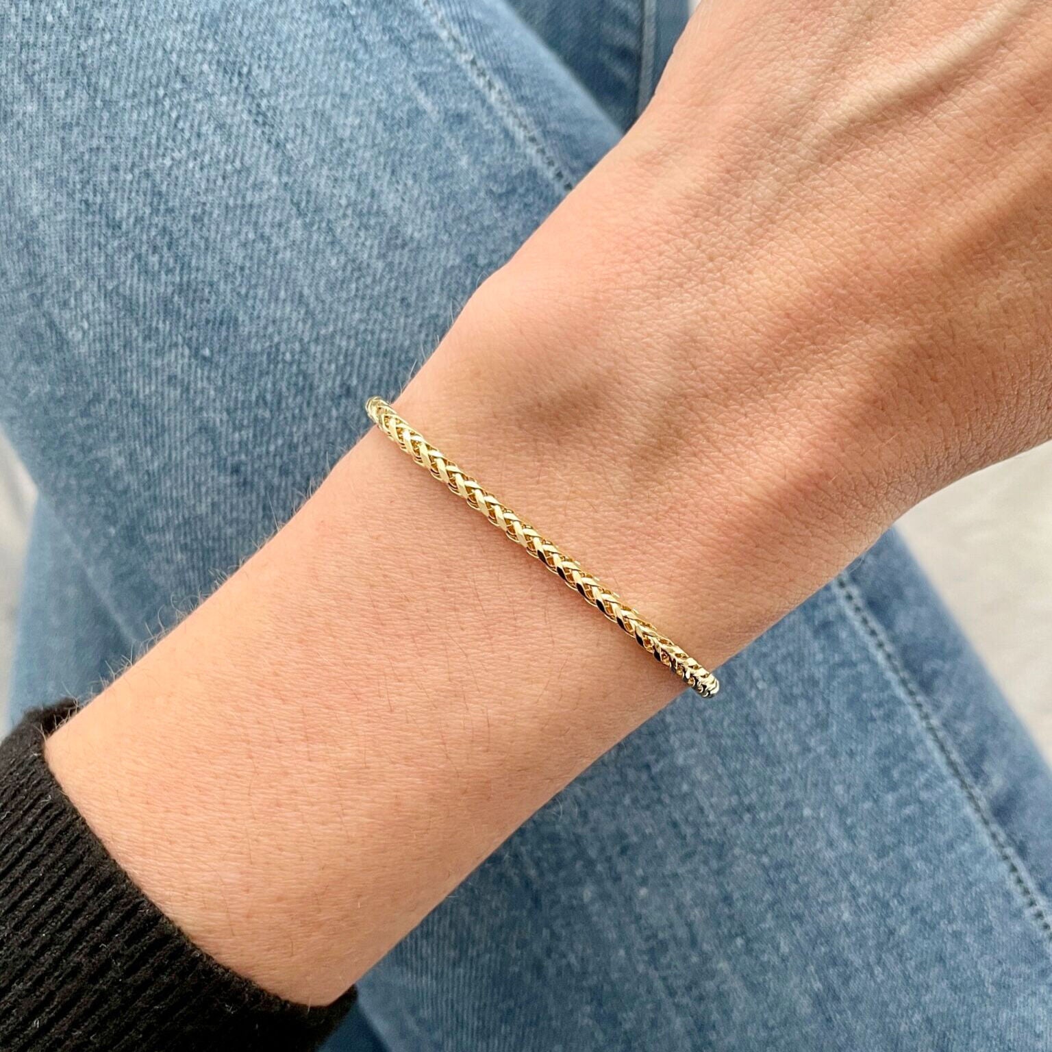14K Yellow Gold Diamond Cut Wheat Chain Bracelet, 7.5"