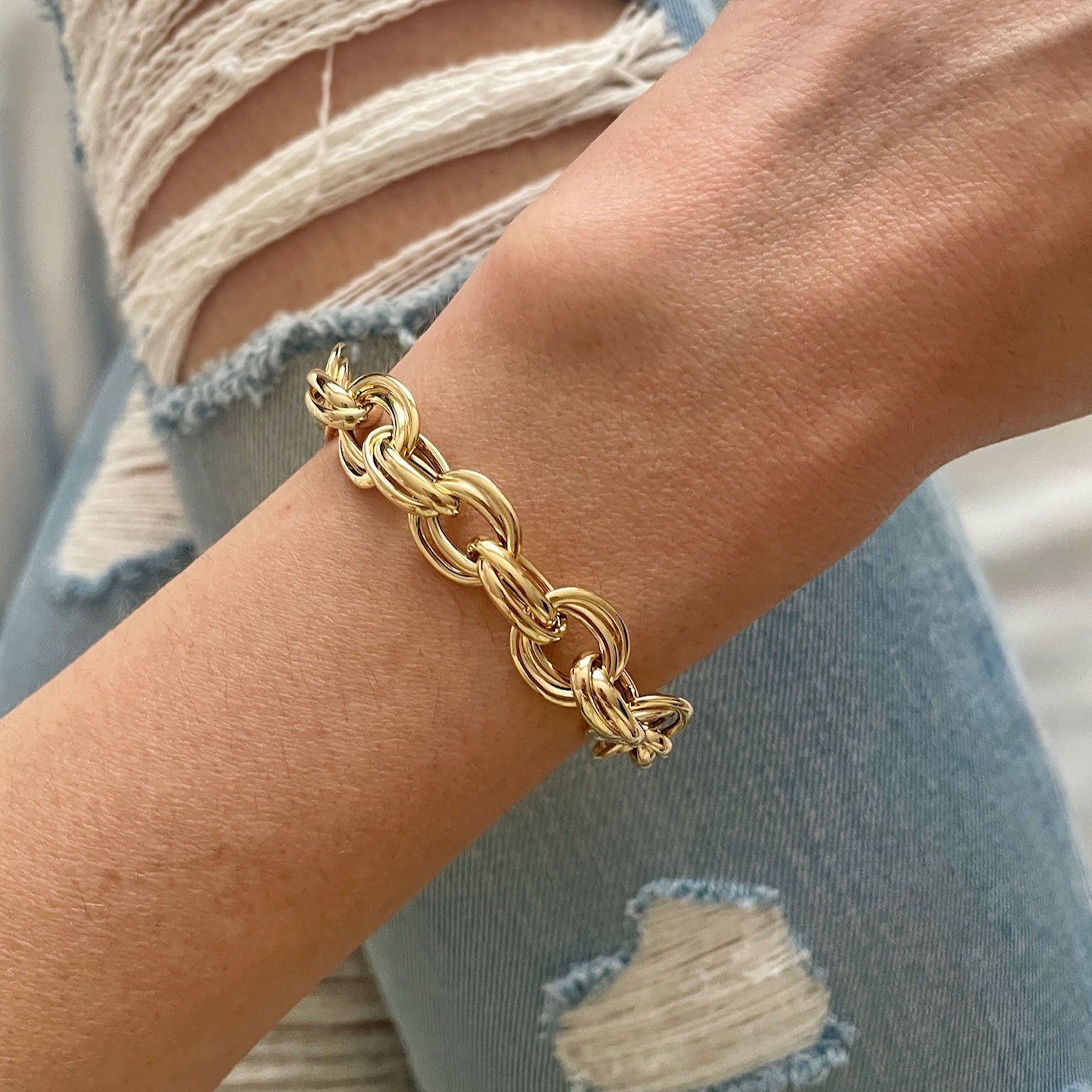 14K Solid Gold Chunky Double Link Bracelet – Bold, Elegant, Timeless