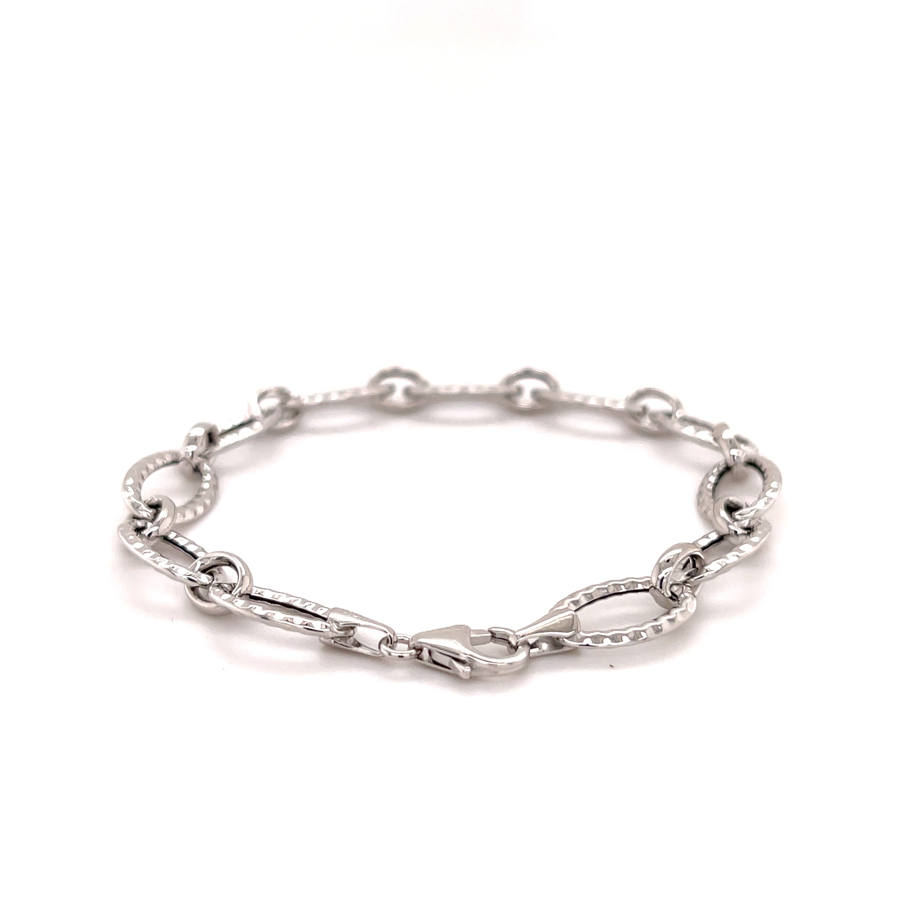 14K White Gold Textured Oval Link Bracelet