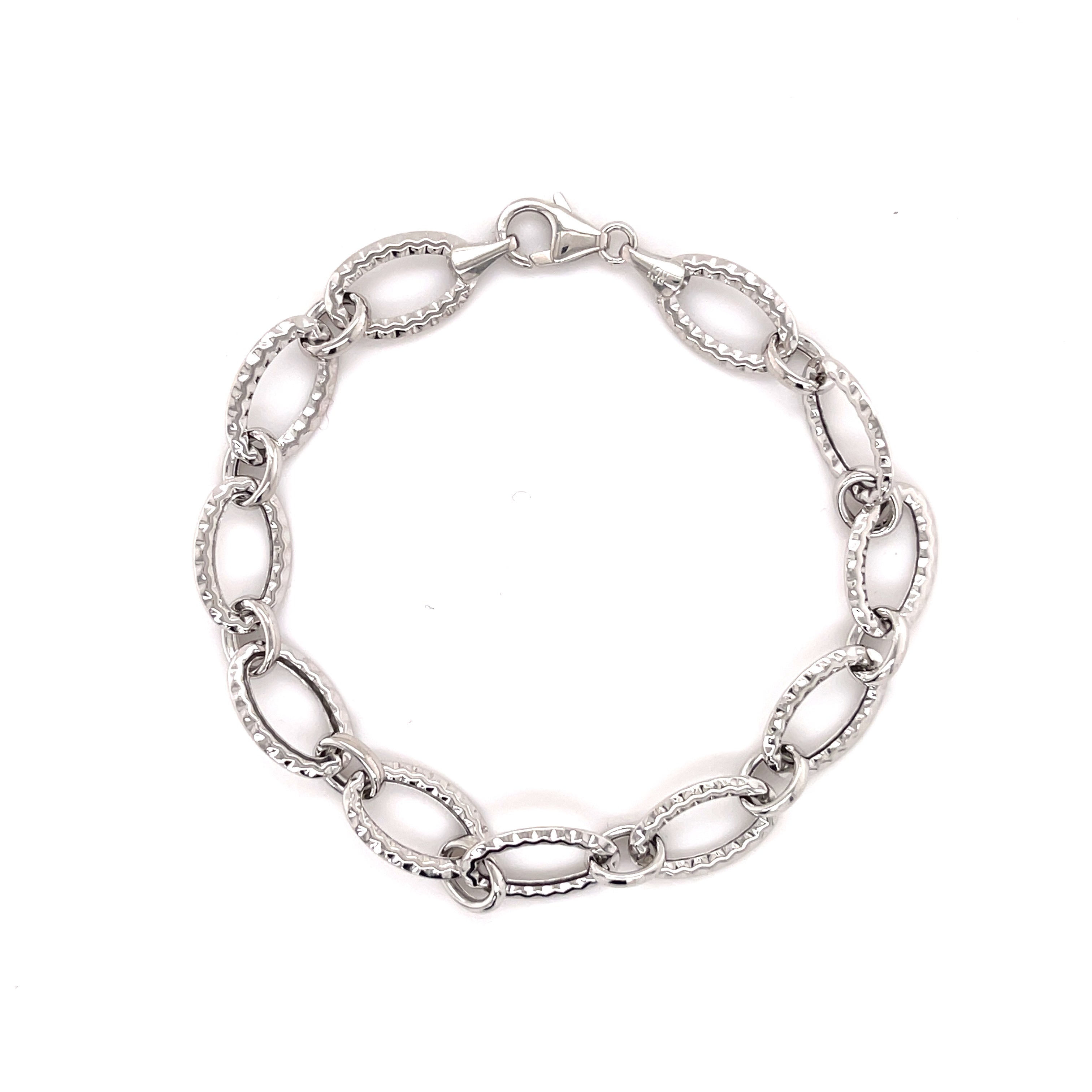 14K White Gold Textured Oval Link Bracelet