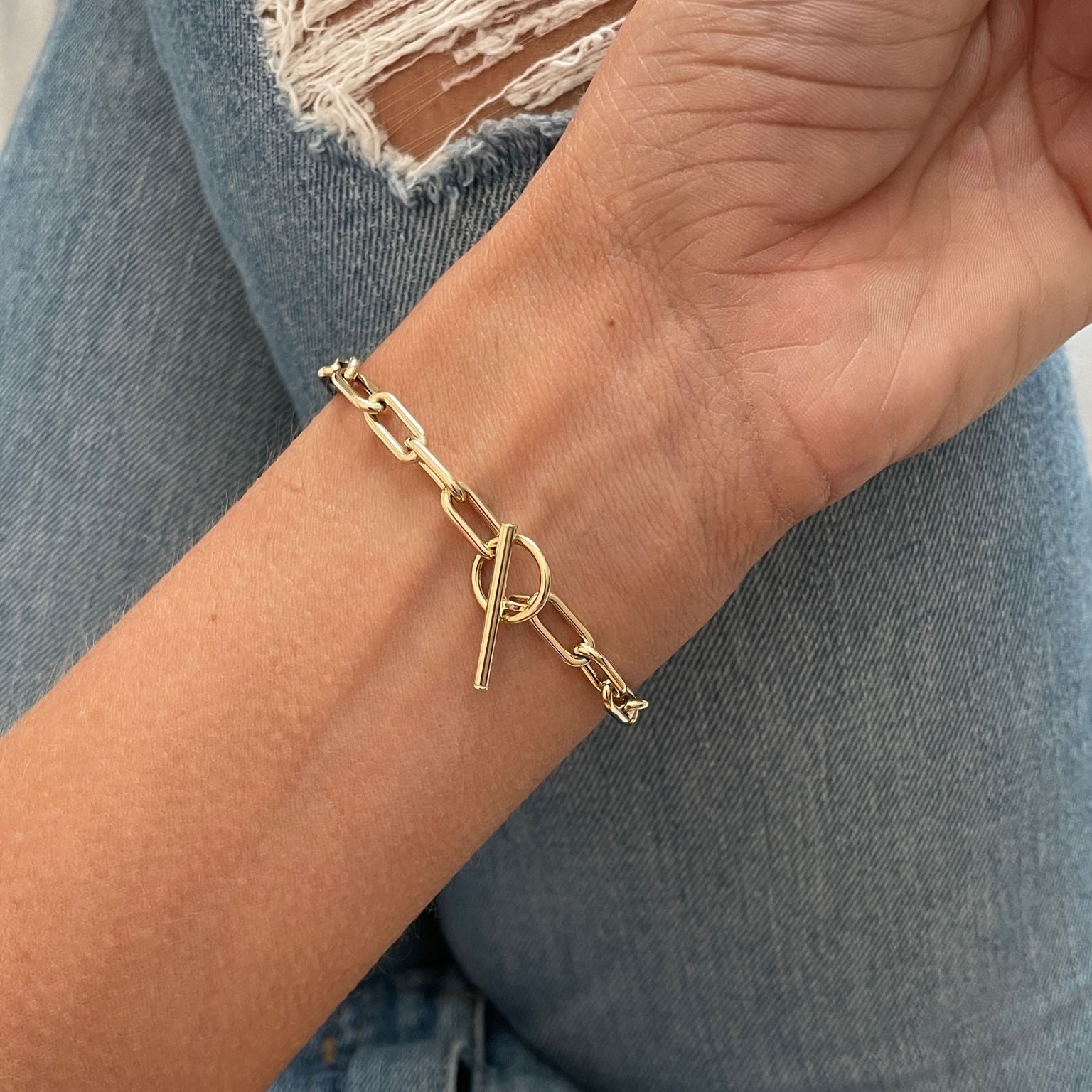 14K Yellow Gold Toggle Paperclip Bracelet Women