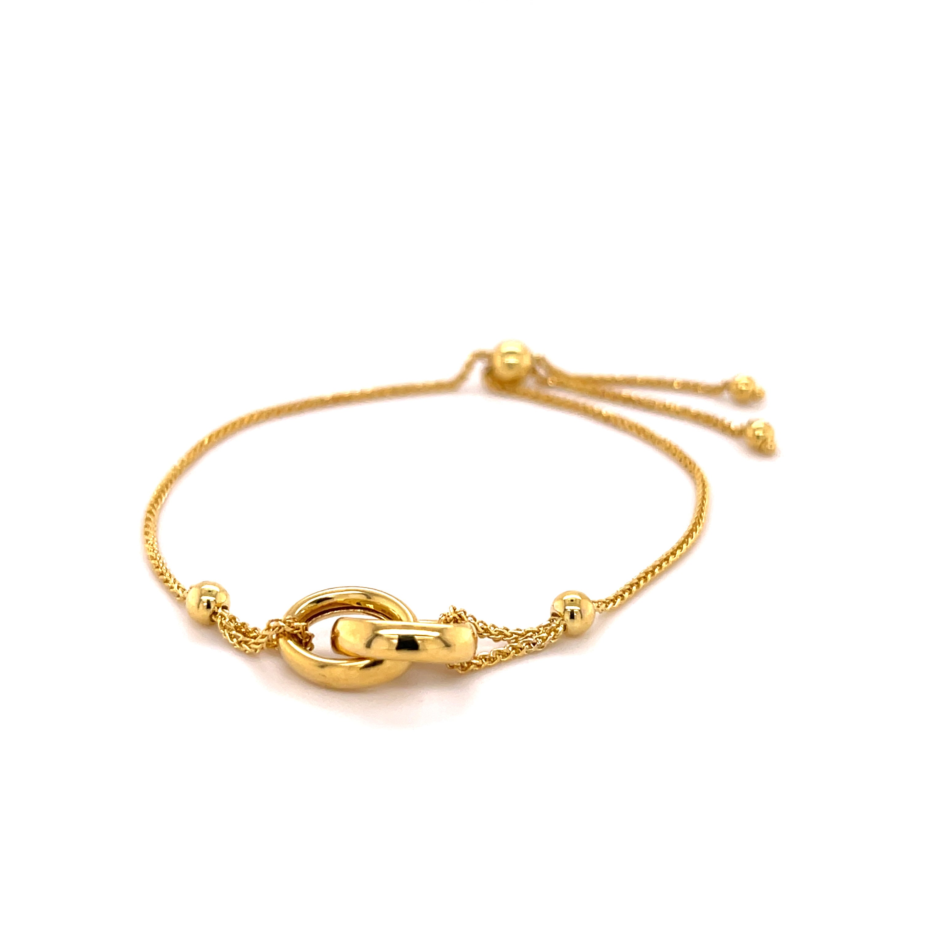 14K Solid Gold Friendship Bracelet with Wheat Chain & Interlocking Rings – Adjustable, Polished, Timeless