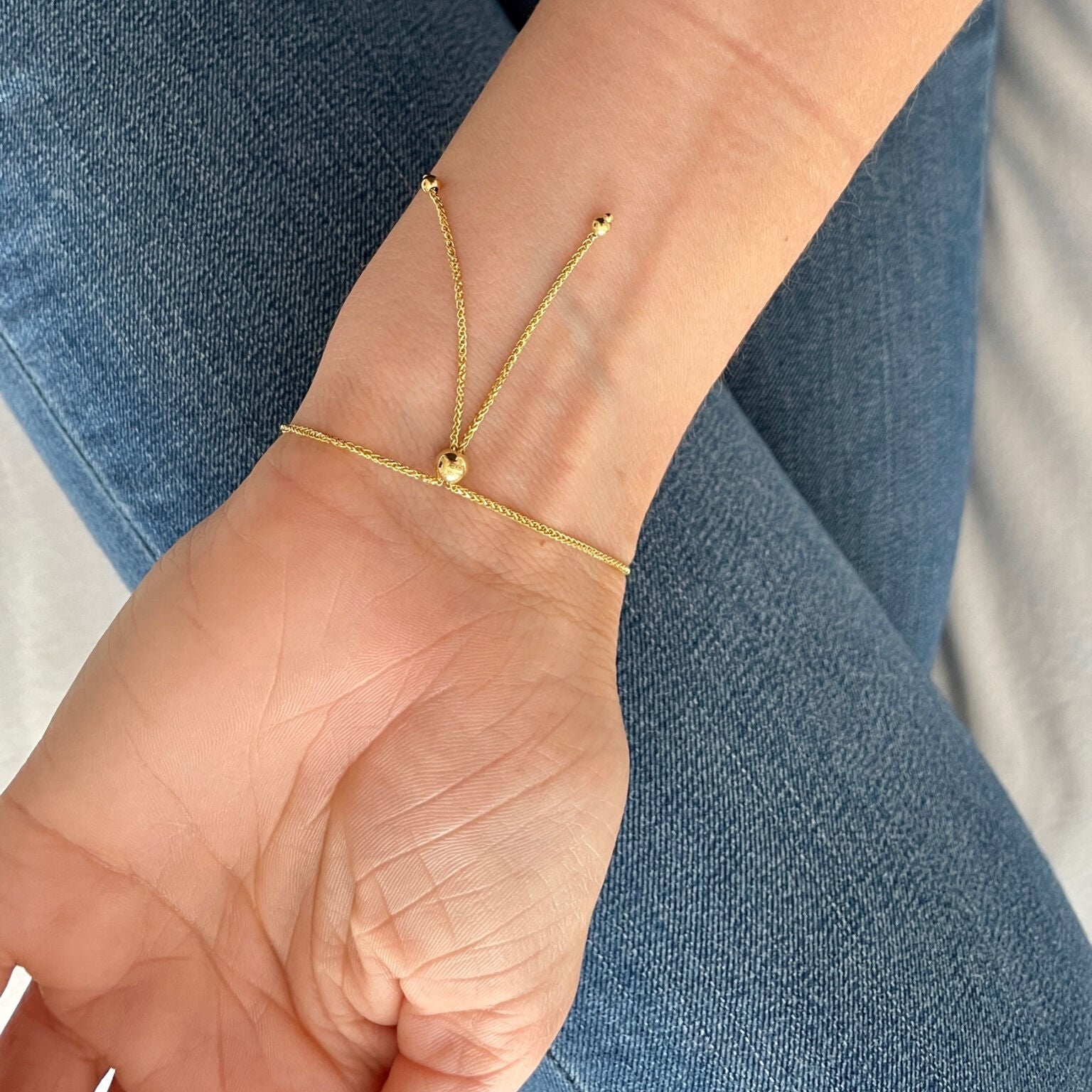 14K Solid Gold Friendship Bracelet with Wheat Chain & Interlocking Rings – Adjustable, Polished, Timeless