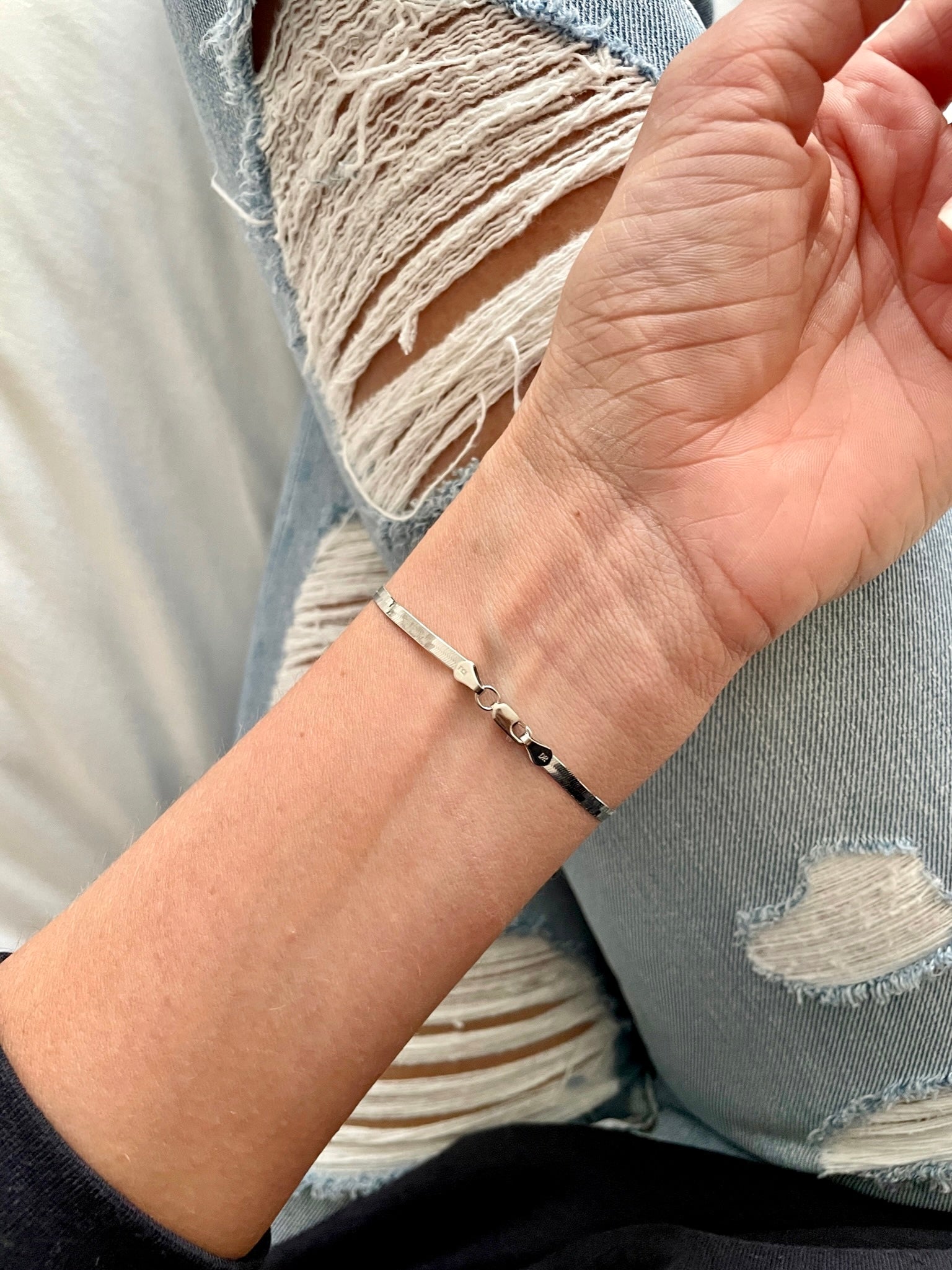 14K White Gold Herringbone Chain Bracelet – Sleek, Minimalist and Effortlessly Elegant