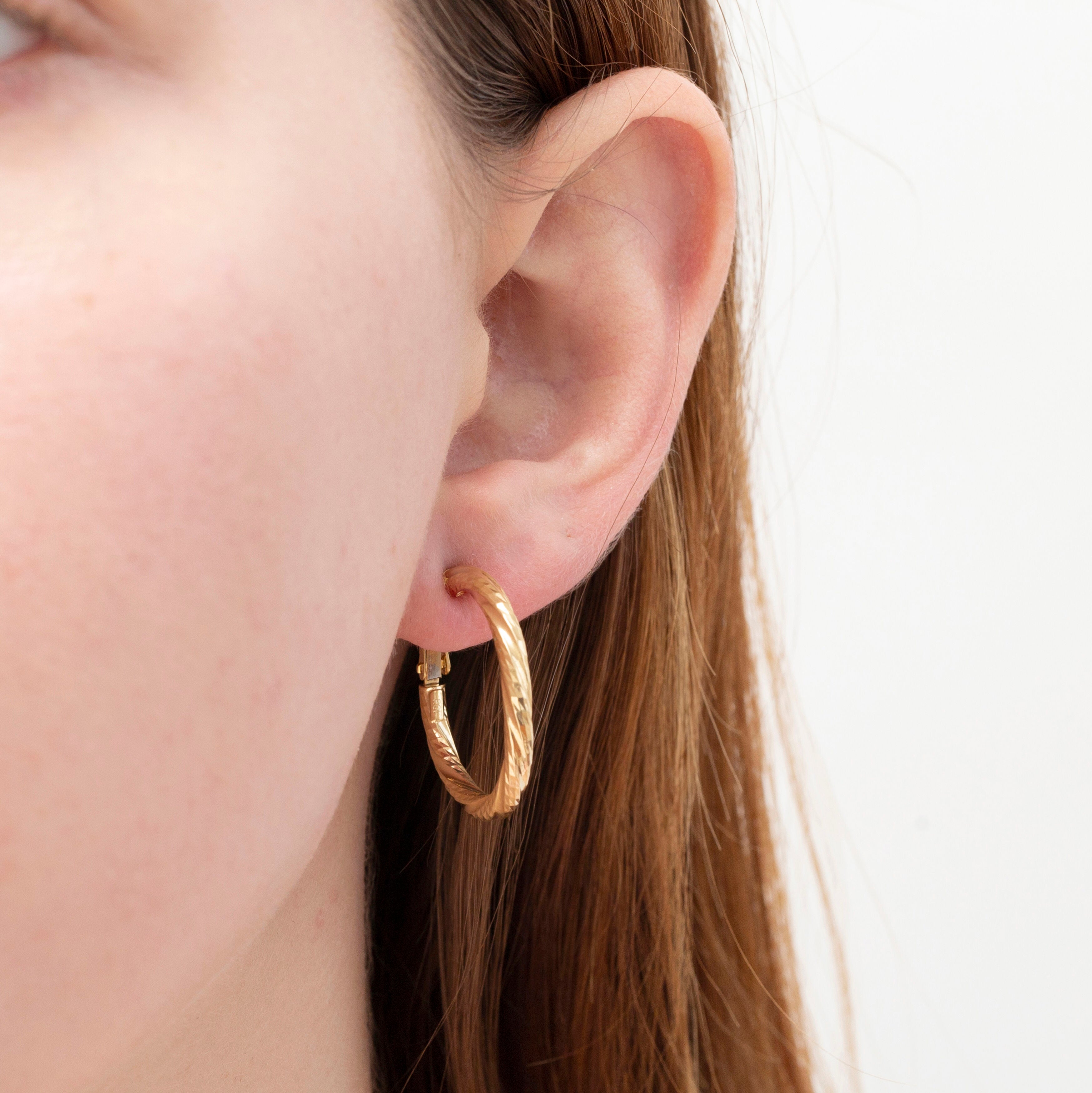 14K Gold Twist Hoops With Omega Back