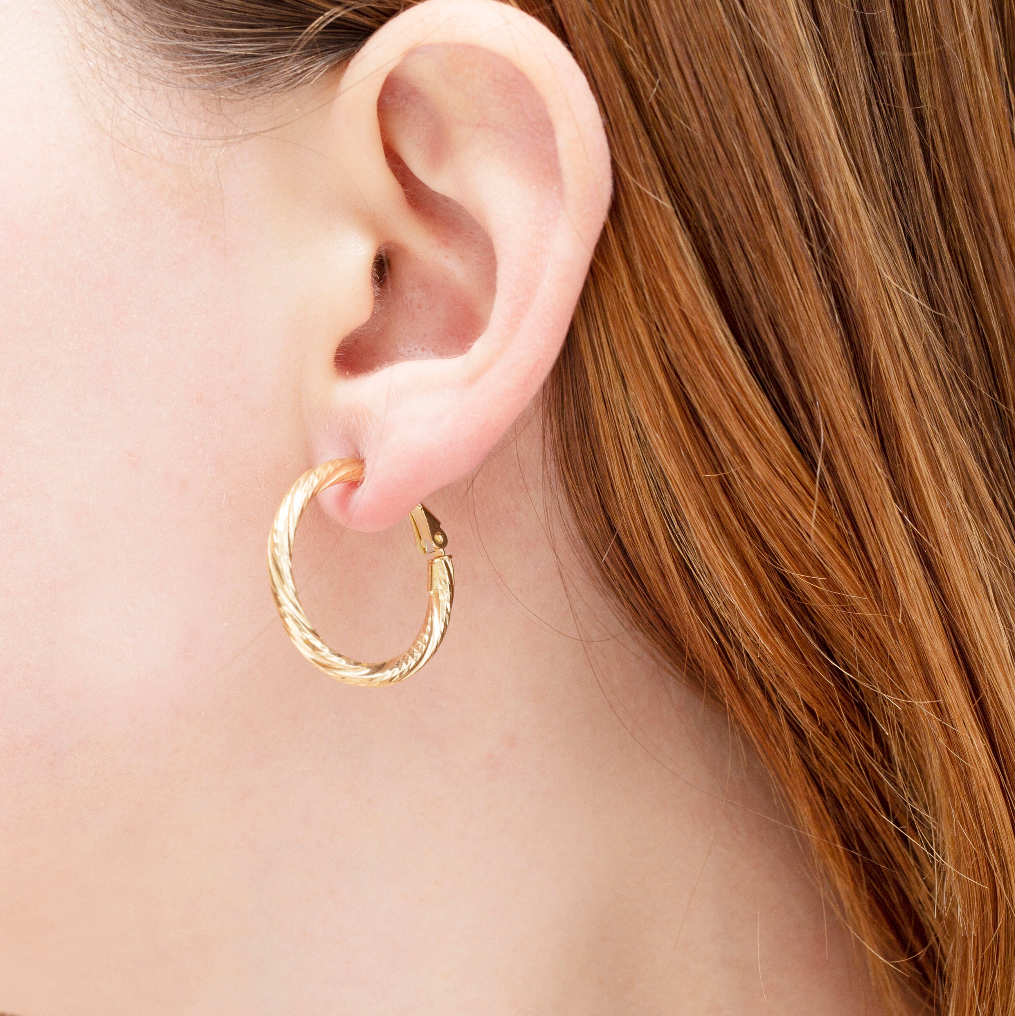 14K Gold Twist Hoops With Omega Back