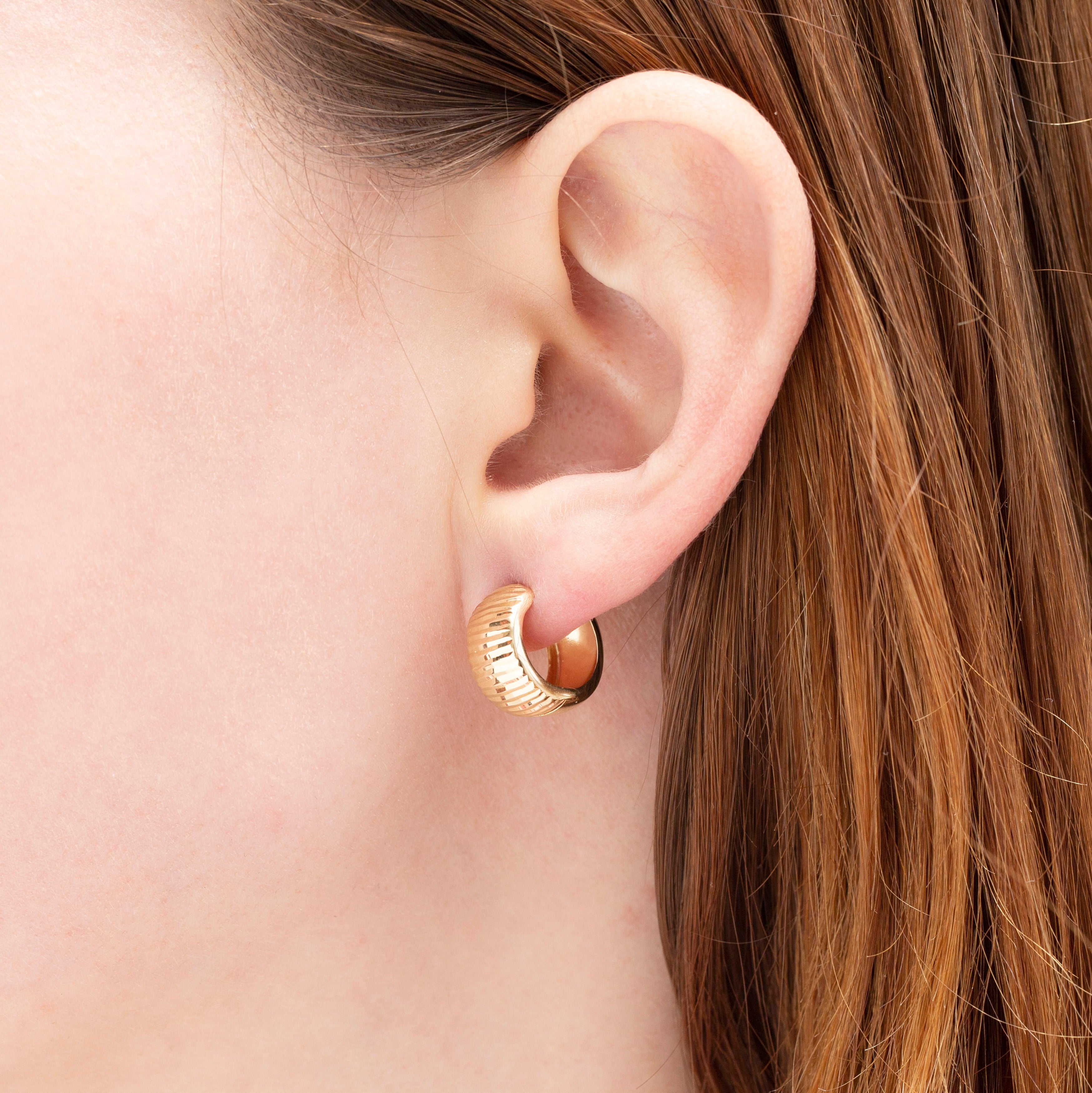 14K Gold Polished And Textured Huggie Earrings