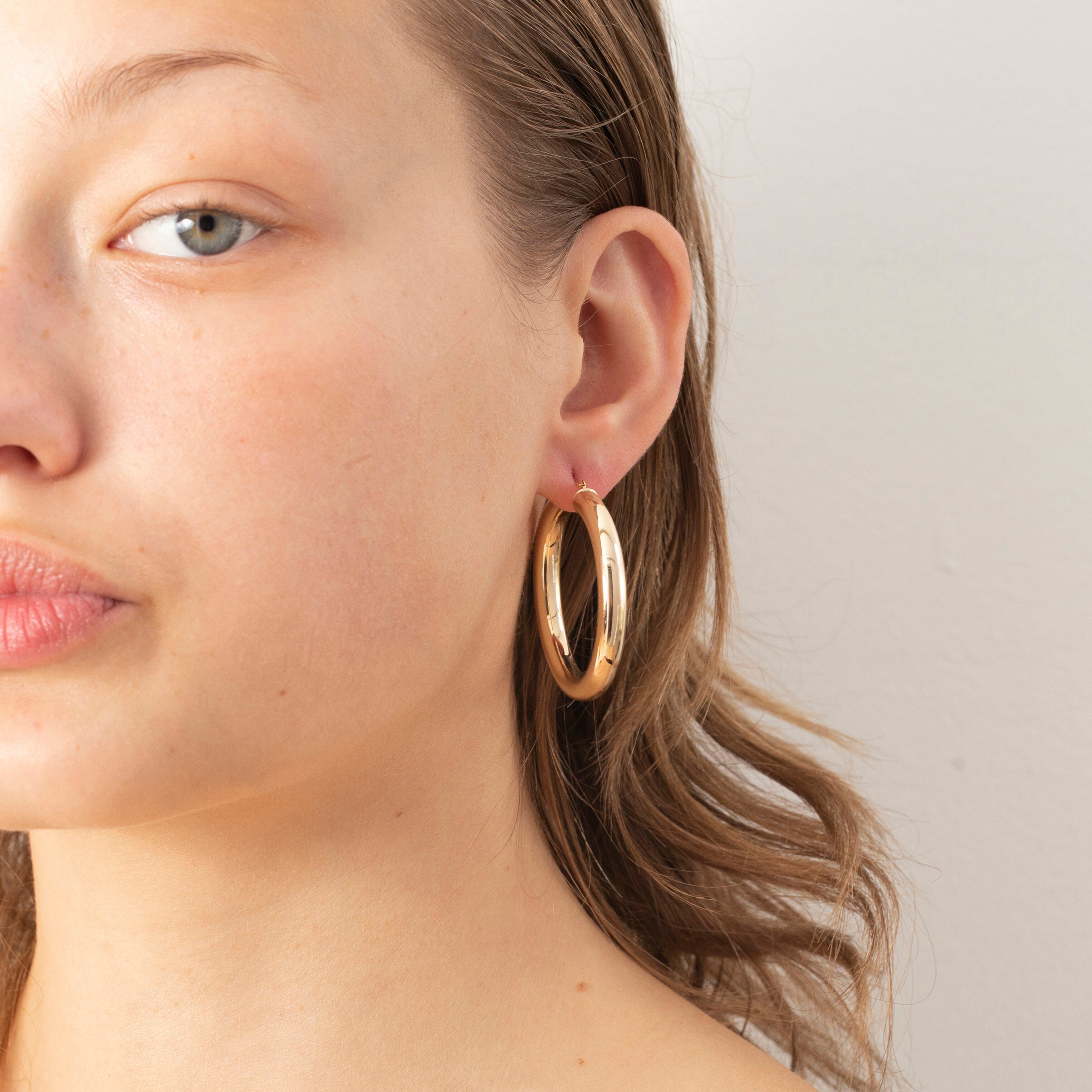 14K Yellow Gold Classic Polished Hoop Earrings — 5mm Thick, Sizes 30mm / 40mm