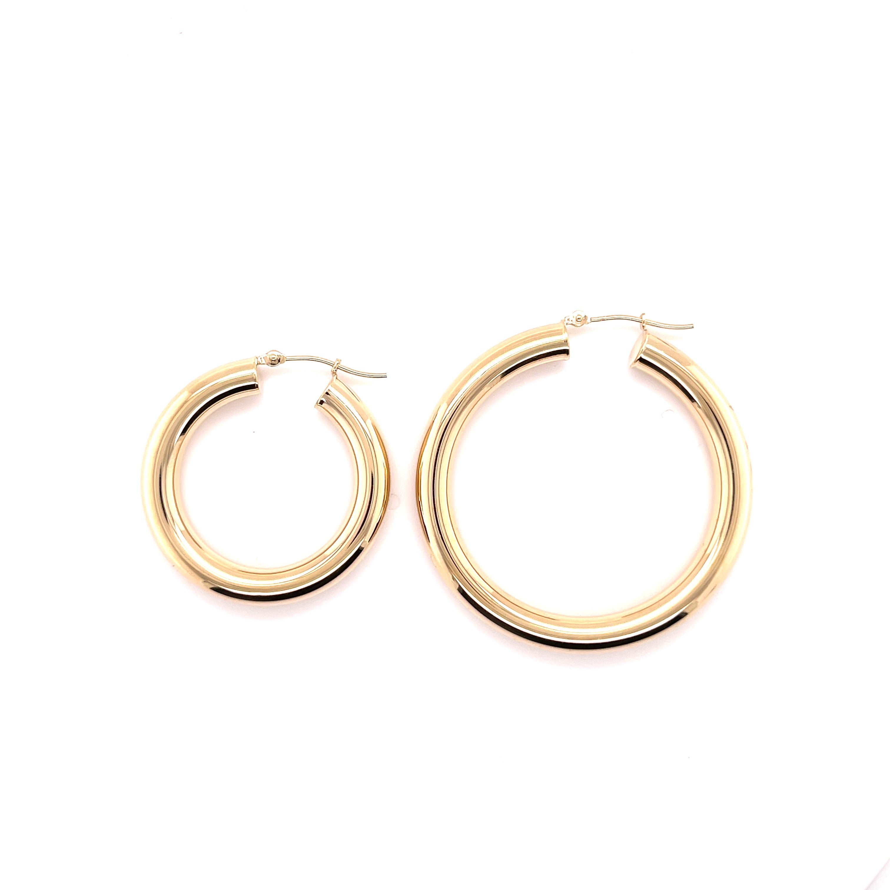 14K Yellow Gold Classic Polished Hoop Earrings — 5mm Thick, Sizes 30mm / 40mm