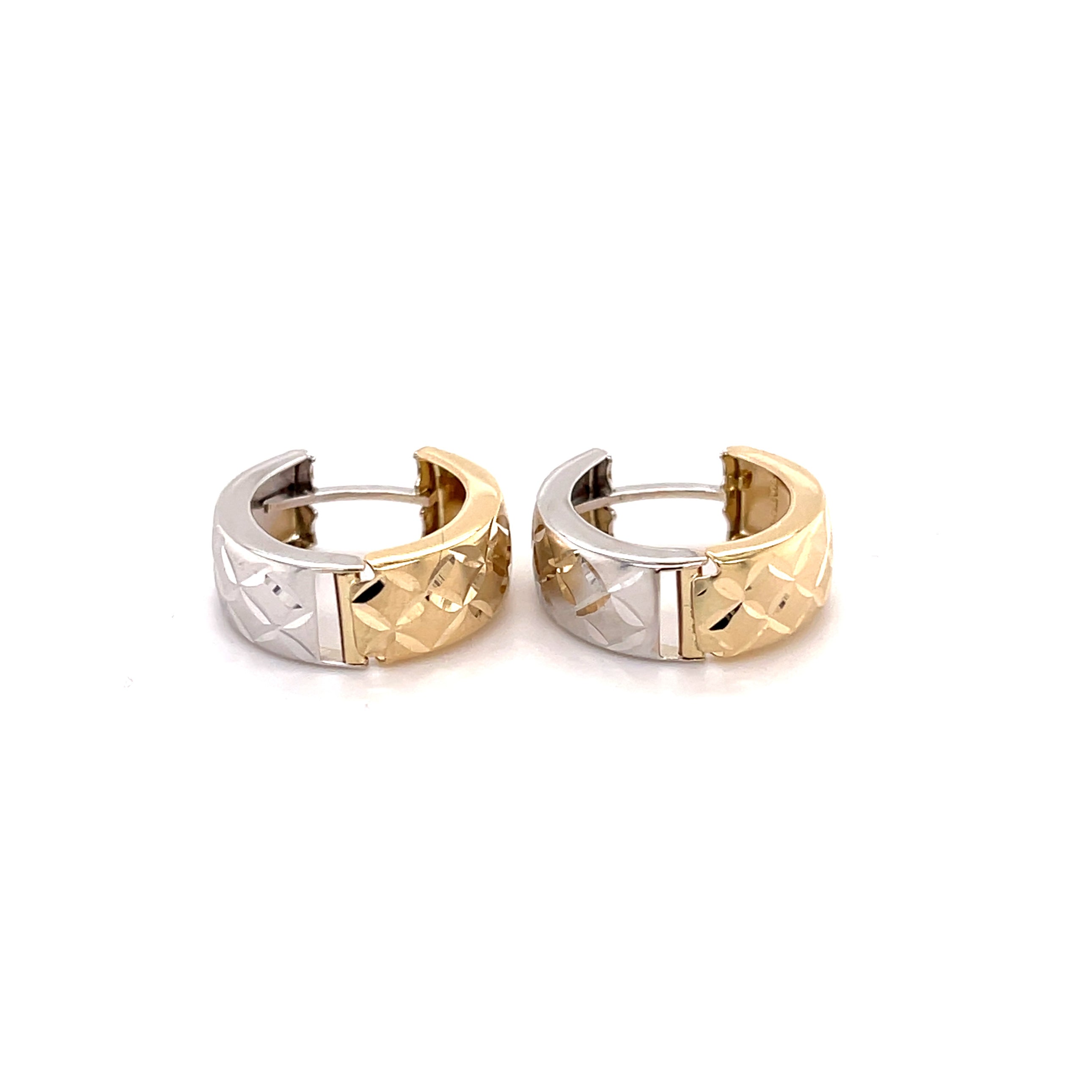 14K Two Tone Gold X Pattern Huggie Hoop Earrings: Reverisble
