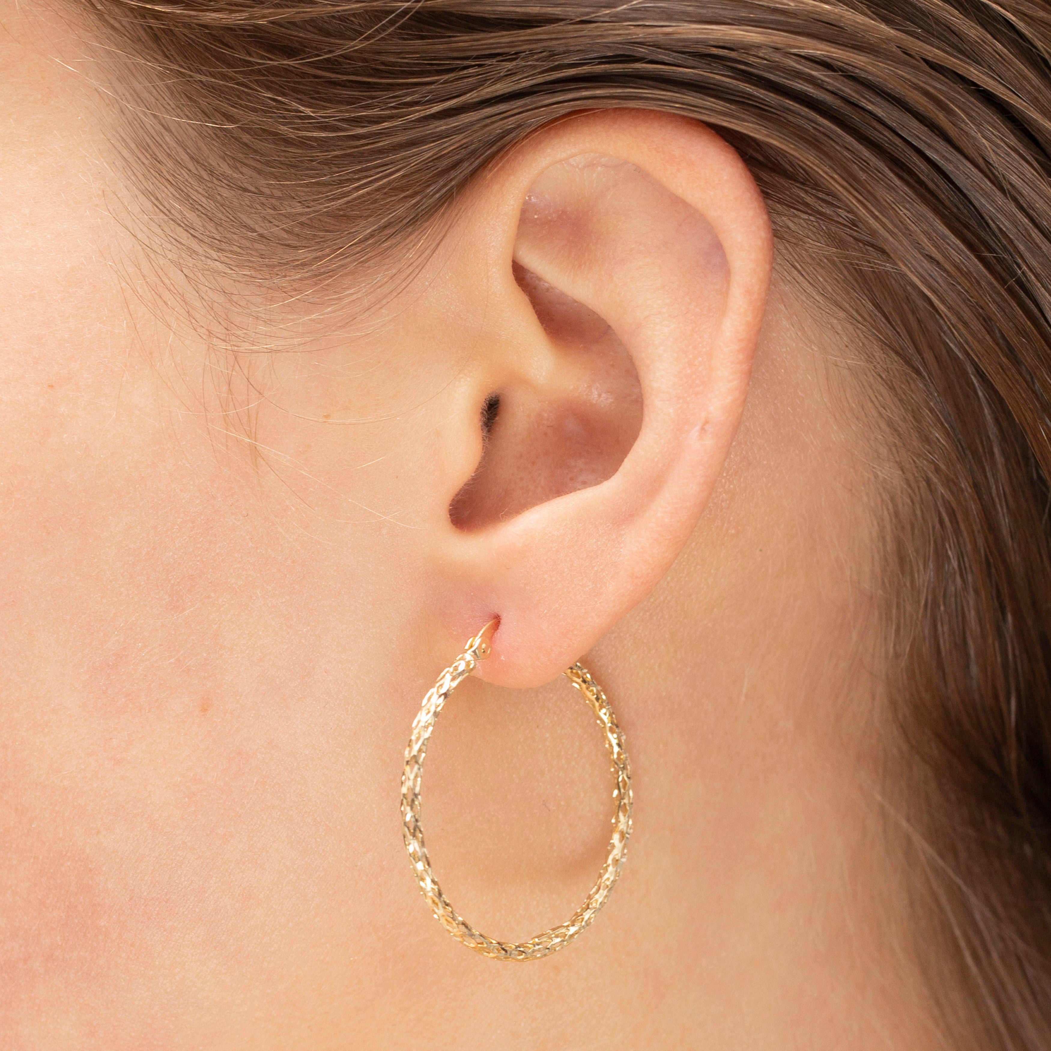 14K Gold Thin Diamond Cut Hoop Earrings