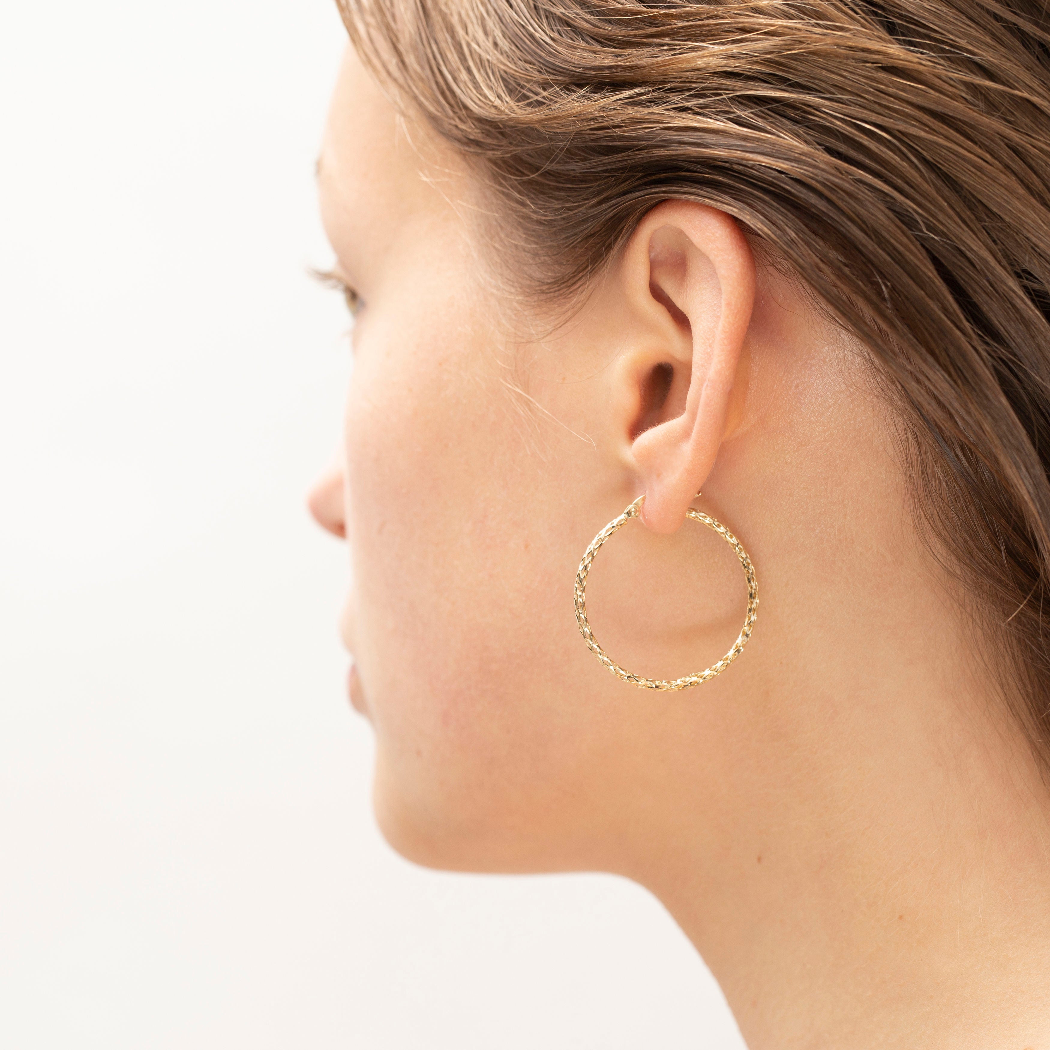 14K Gold Thin Diamond Cut Hoop Earrings