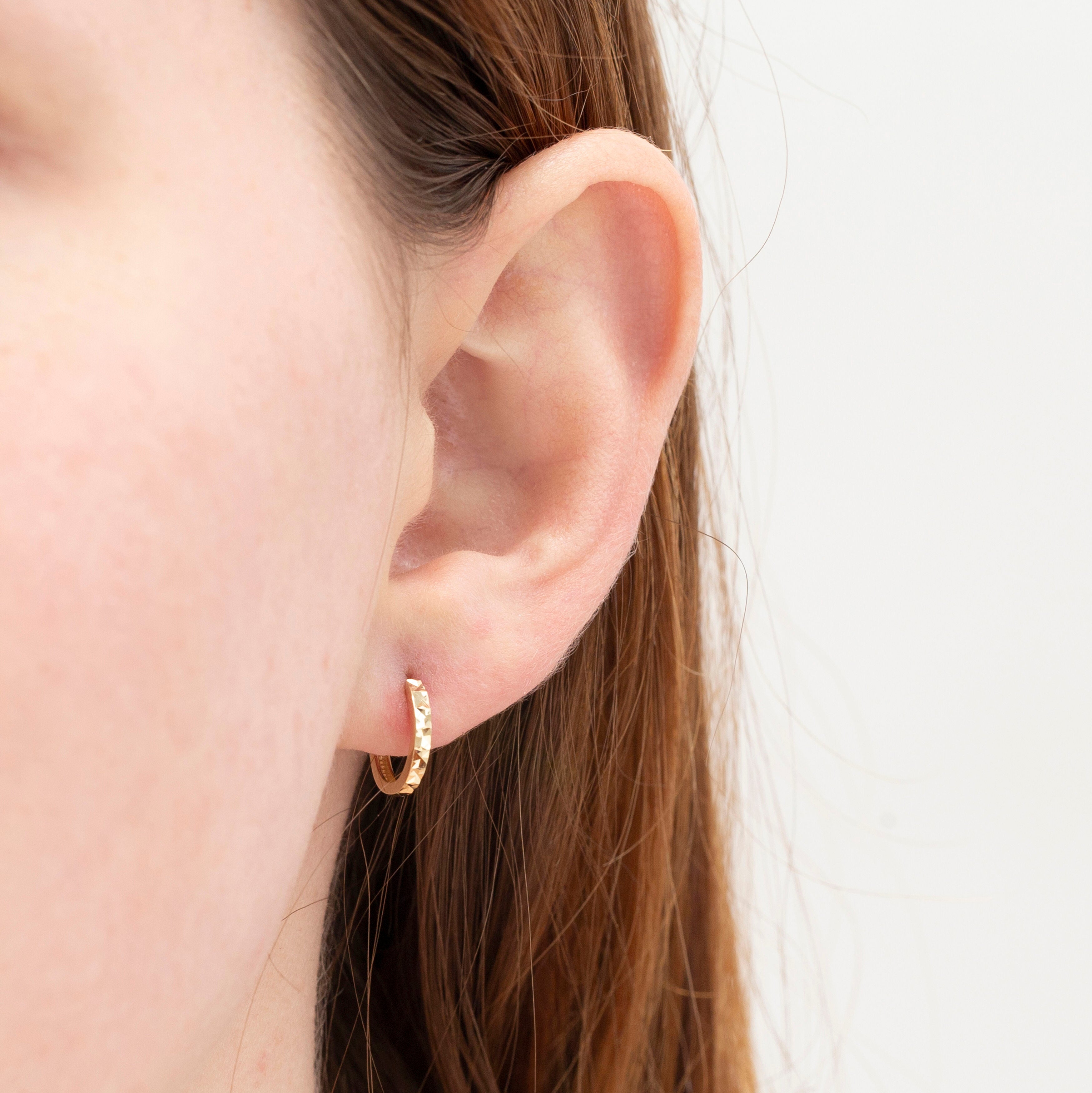 14K Gold 10mm Diamond Cut Huggie Hoop Earrings