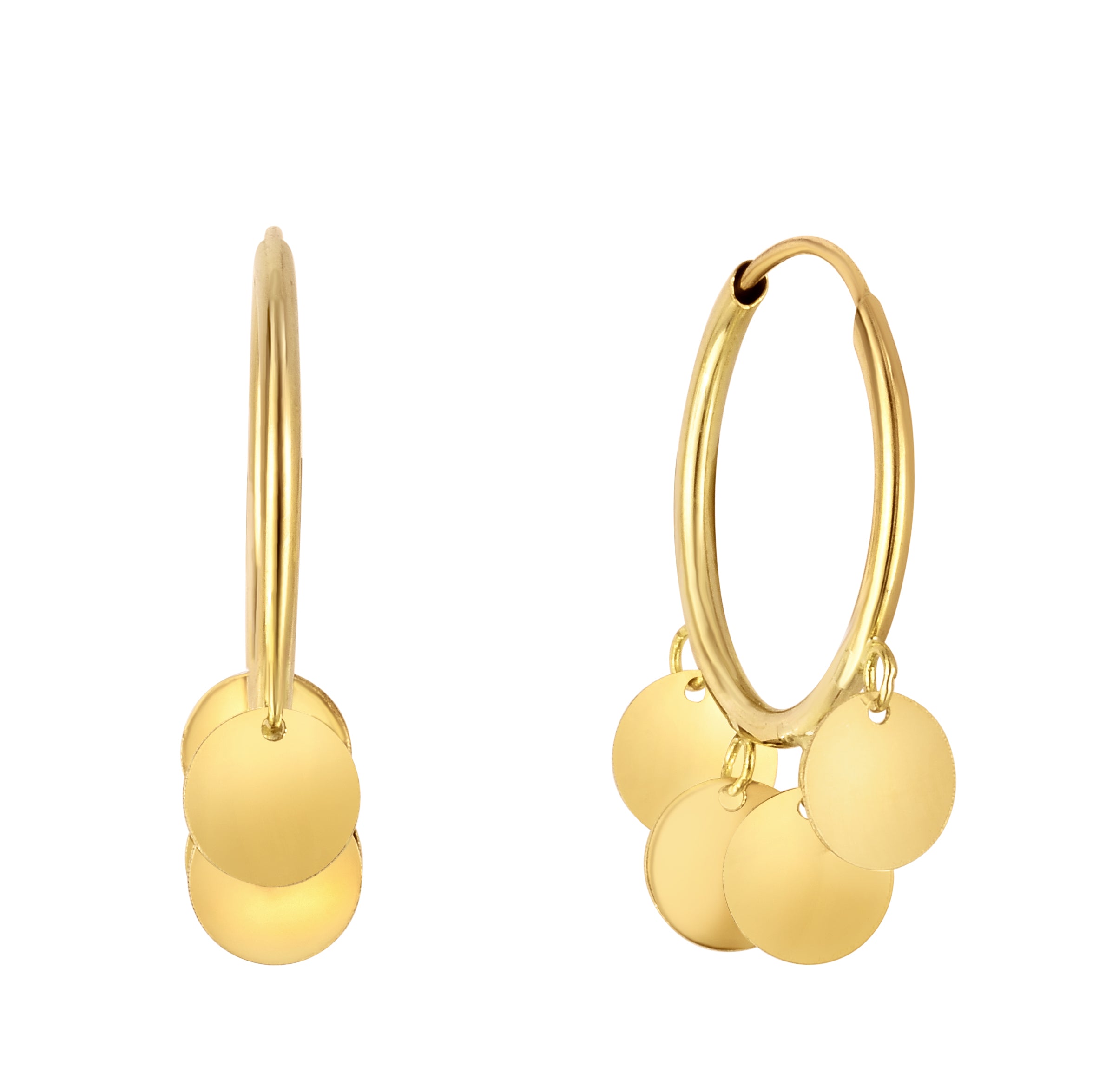 14K Yellow Gold Small Dangling Disc Charm Hoops