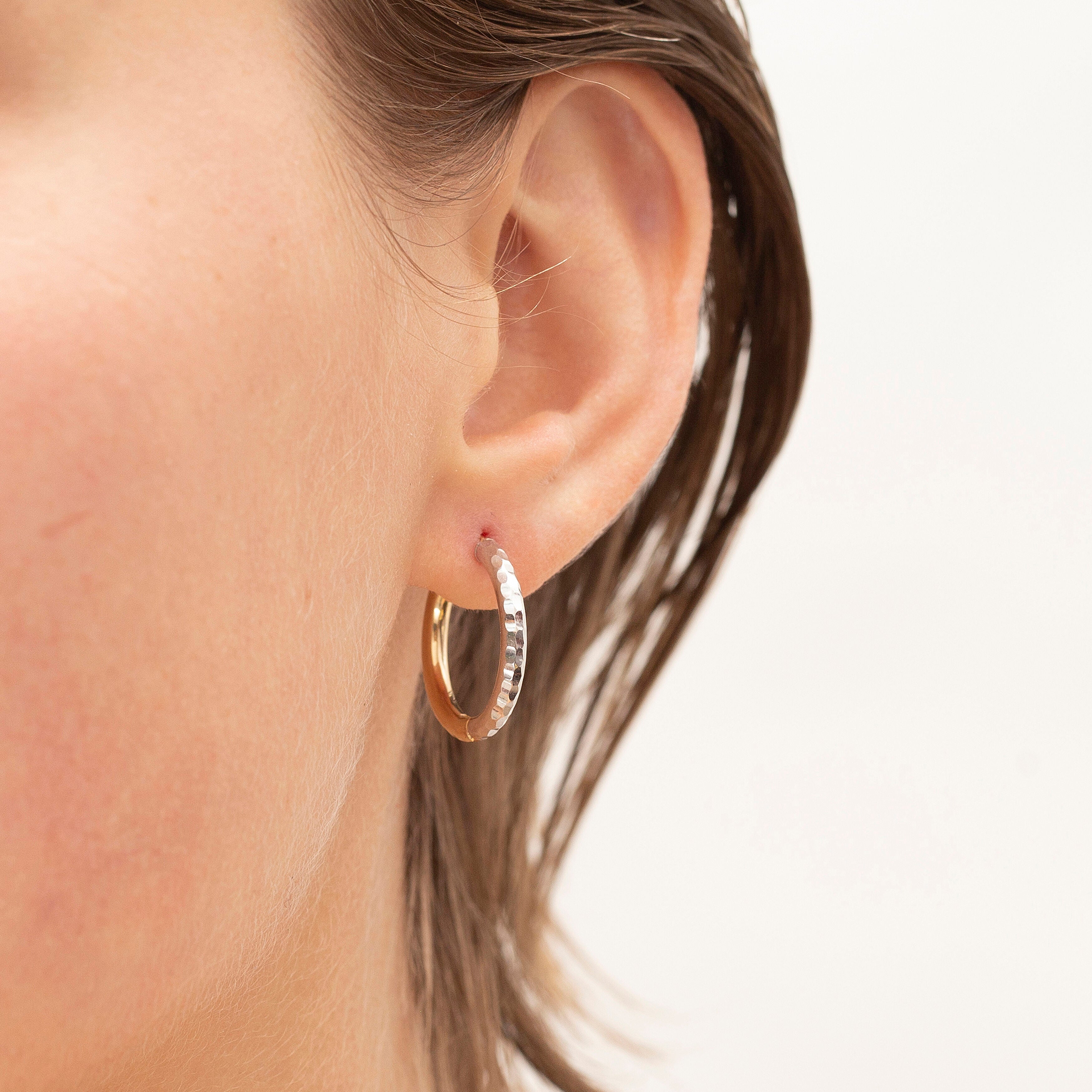 14K Two Tone Gold Diamond Cut Hoop Earrings: Half Yellow Half White Gold