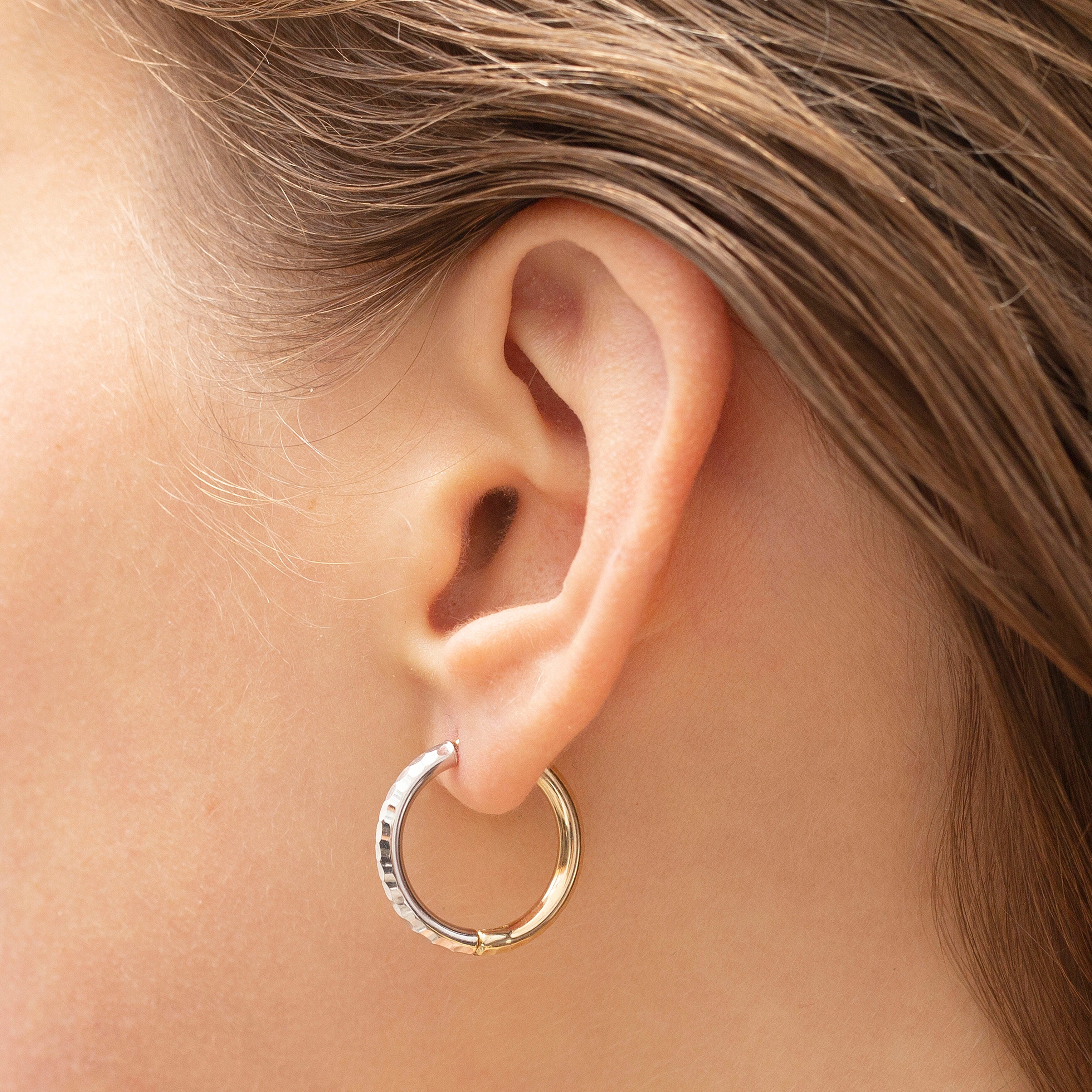 14K Two Tone Gold Diamond Cut Hoop Earrings: Half Yellow Half White Gold