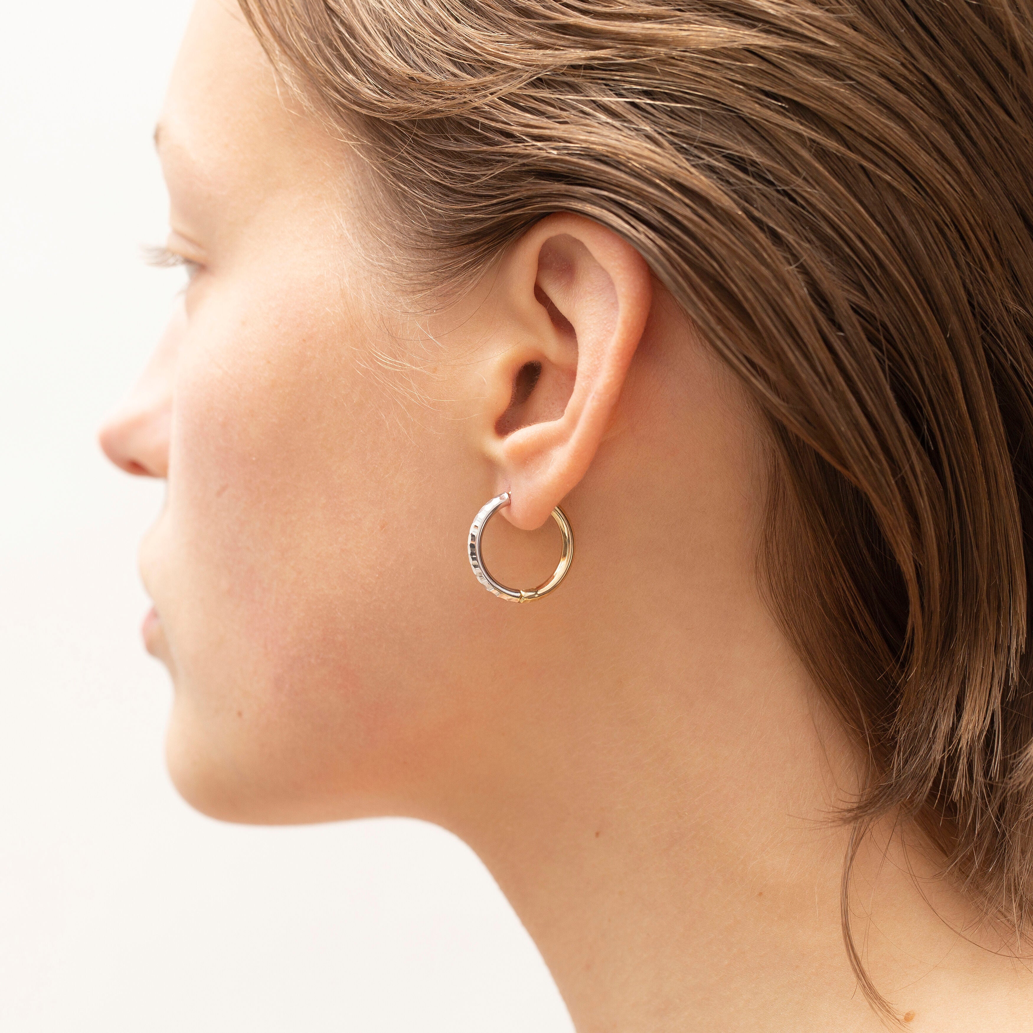 14K Two Tone Gold Diamond Cut Hoop Earrings: Half Yellow Half White Gold