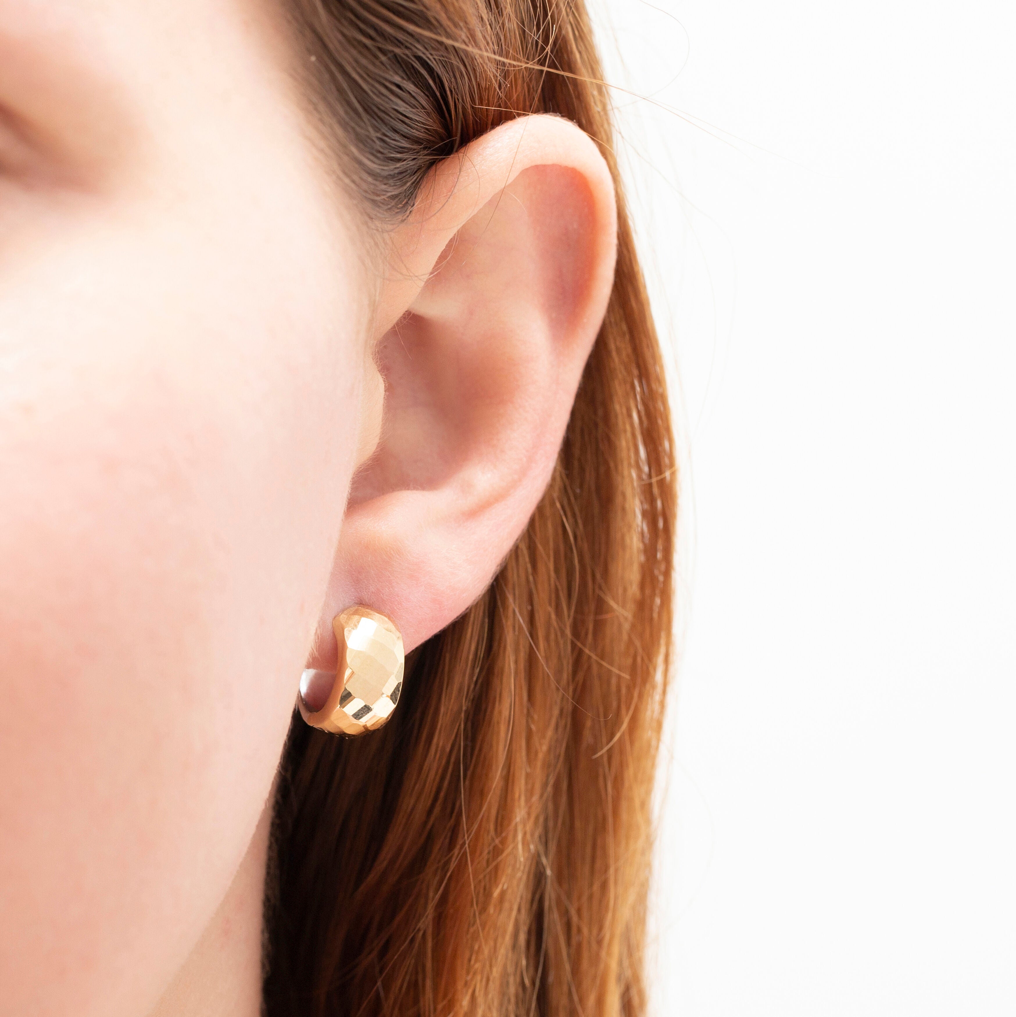 14K Two-Tone Gold Chunky Faceted Huggie Hoop Earrings