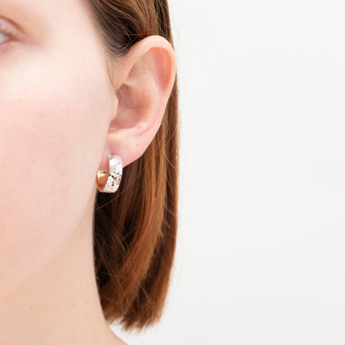 14K Two Tone Gold Faceted Huggie Hoop Earrings, 15mm