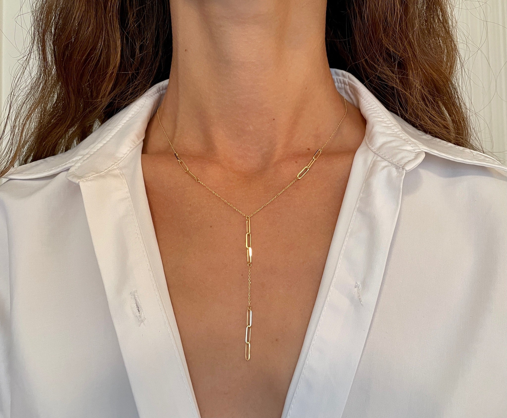 14K Gold Paperclip Lariat