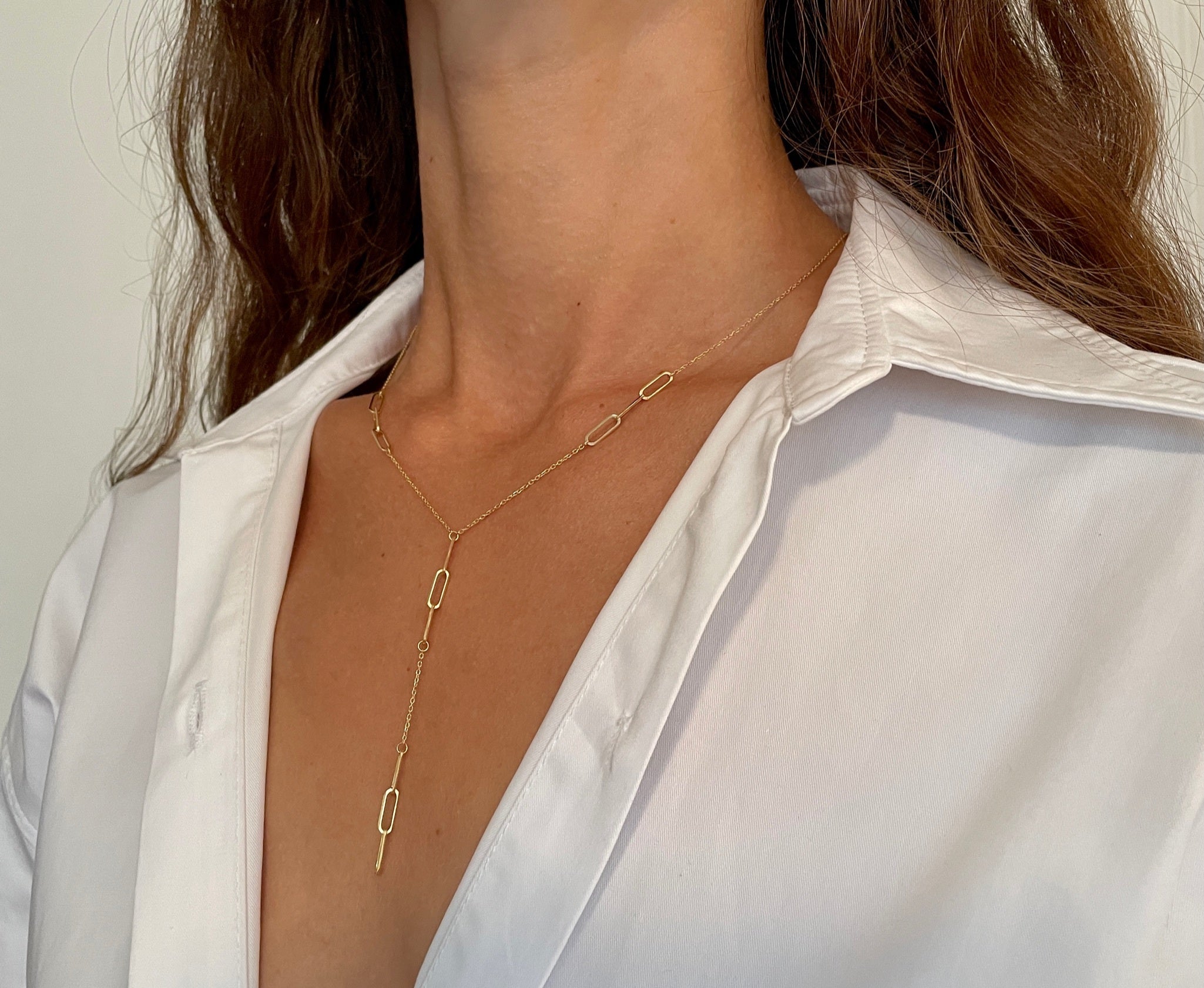 14K Gold Paperclip Lariat