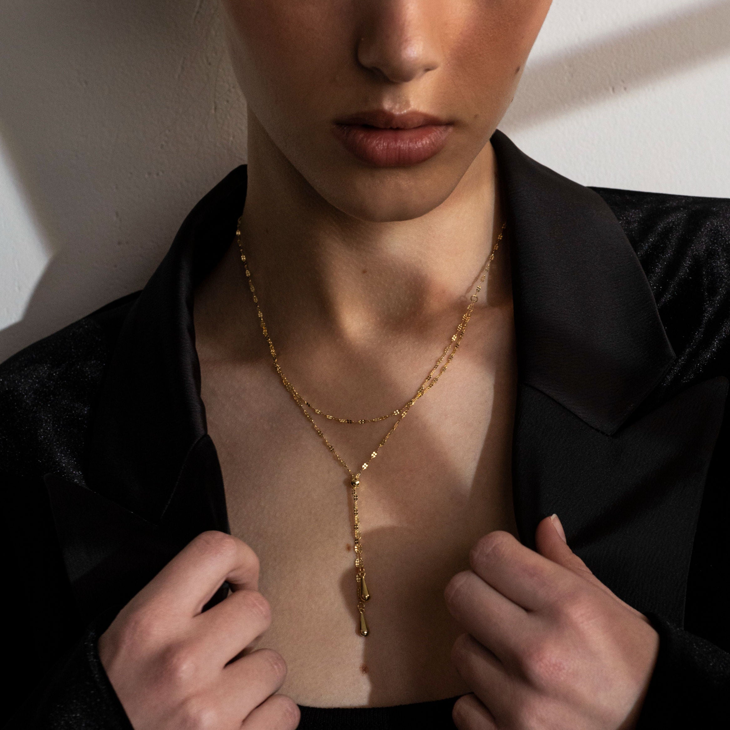 14K Yellow Gold Double Strand Layered Lariat Necklace, 17 Inch