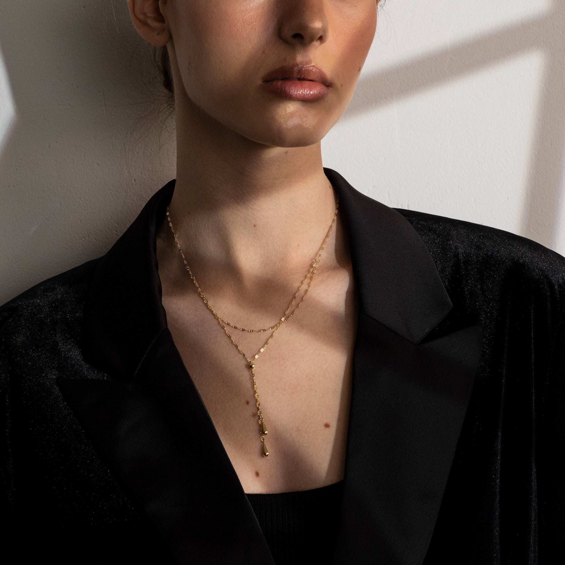 14K Yellow Gold Double Strand Layered Lariat Necklace, 17 Inch