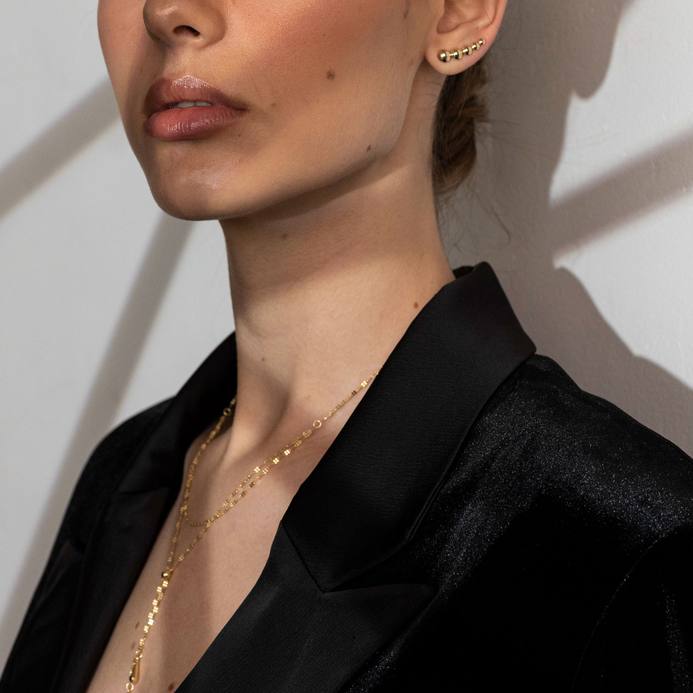 14K Yellow Gold Double Strand Layered Lariat Necklace, 17 Inch