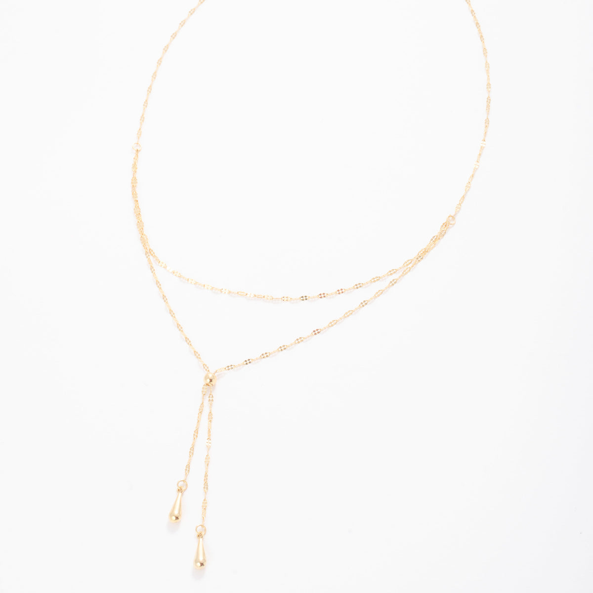 14K Yellow Gold Double Strand Layered Lariat Necklace, 17 Inch
