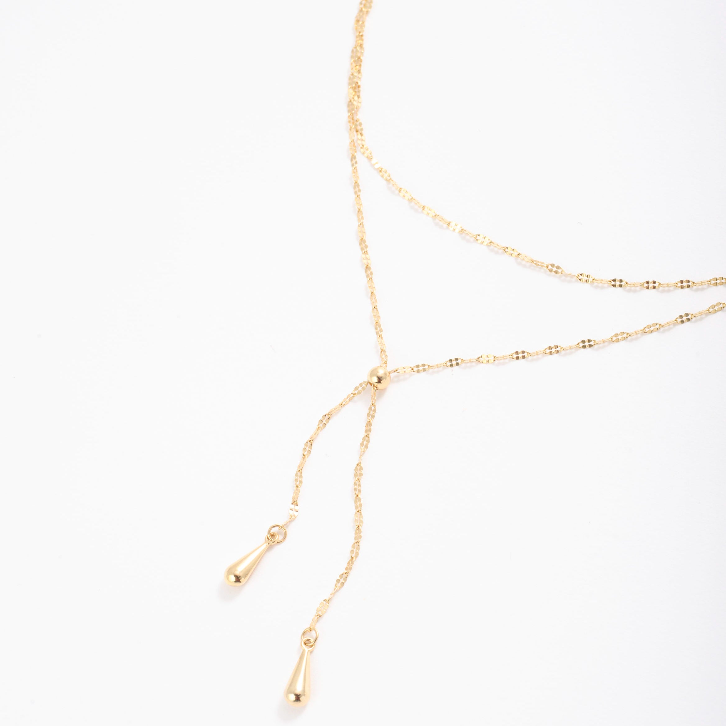 14K Yellow Gold Double Strand Layered Lariat Necklace, 17 Inch