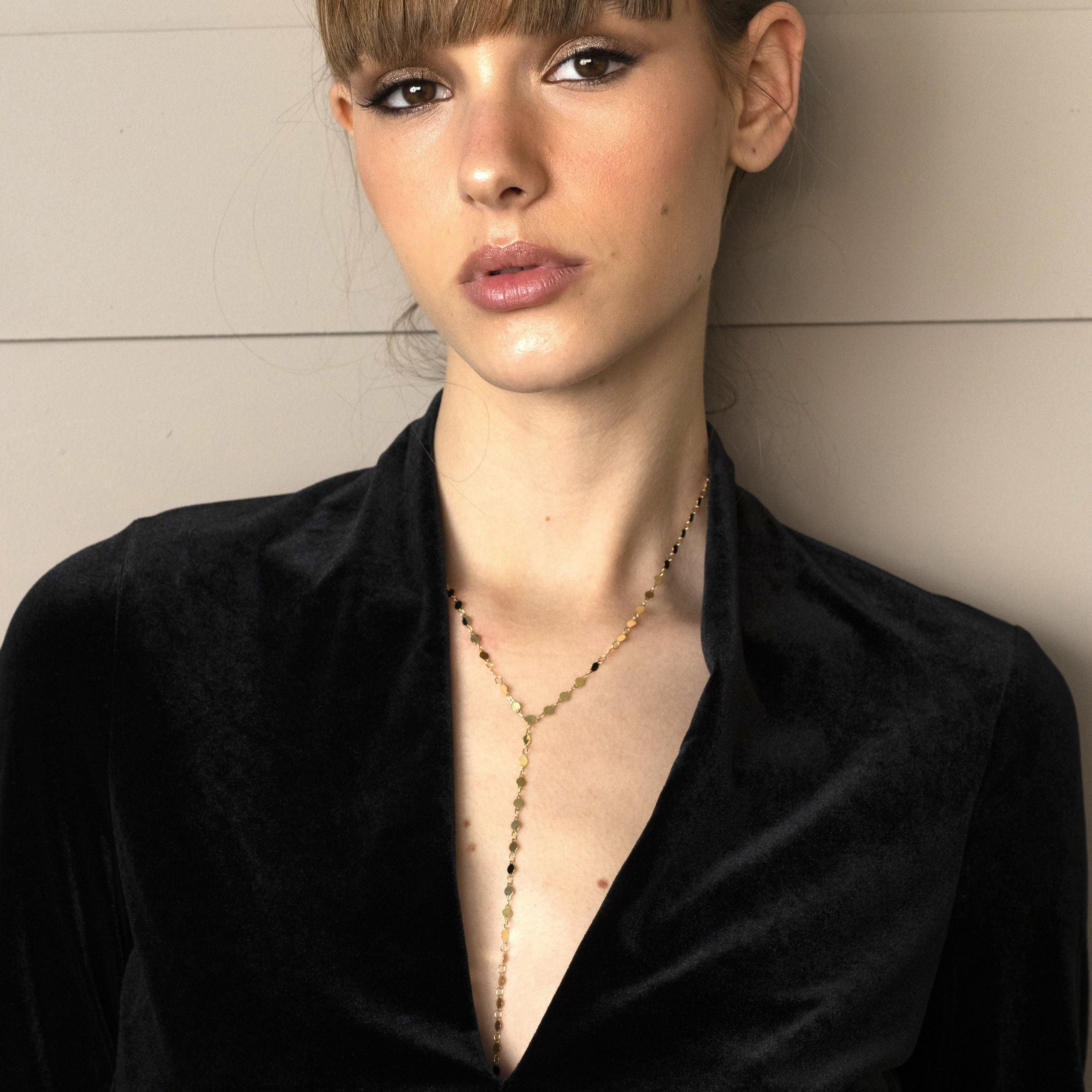 14K Gold Mirror Lariat Necklace