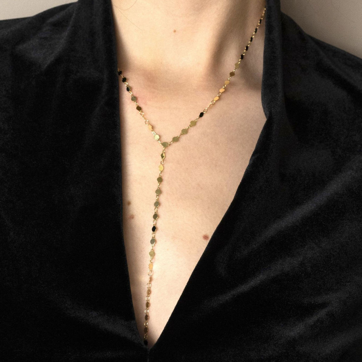 14K Gold Mirror Link Lariat Y Necklace