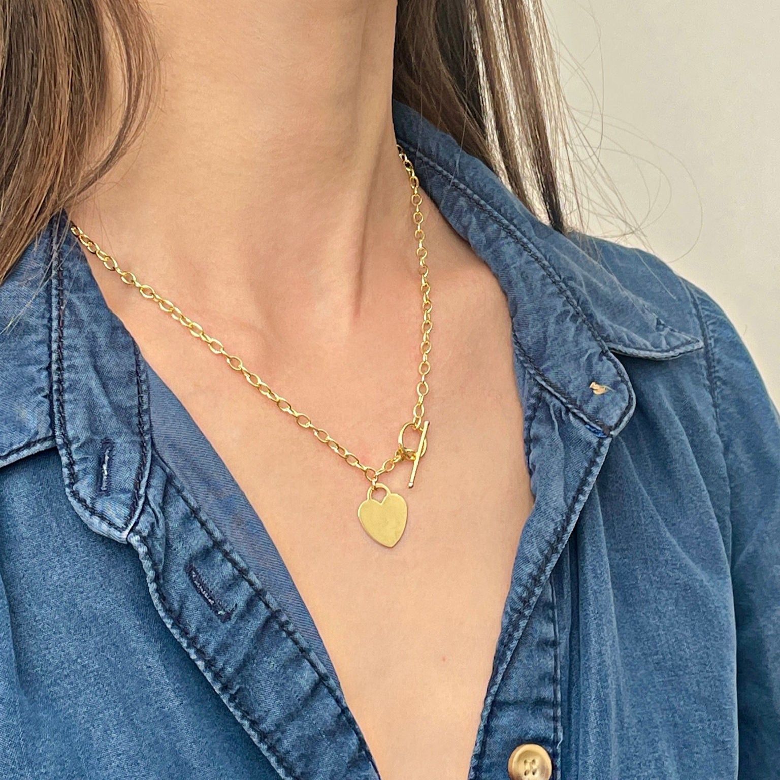 14K Gold Heart Charm Toggle Necklace