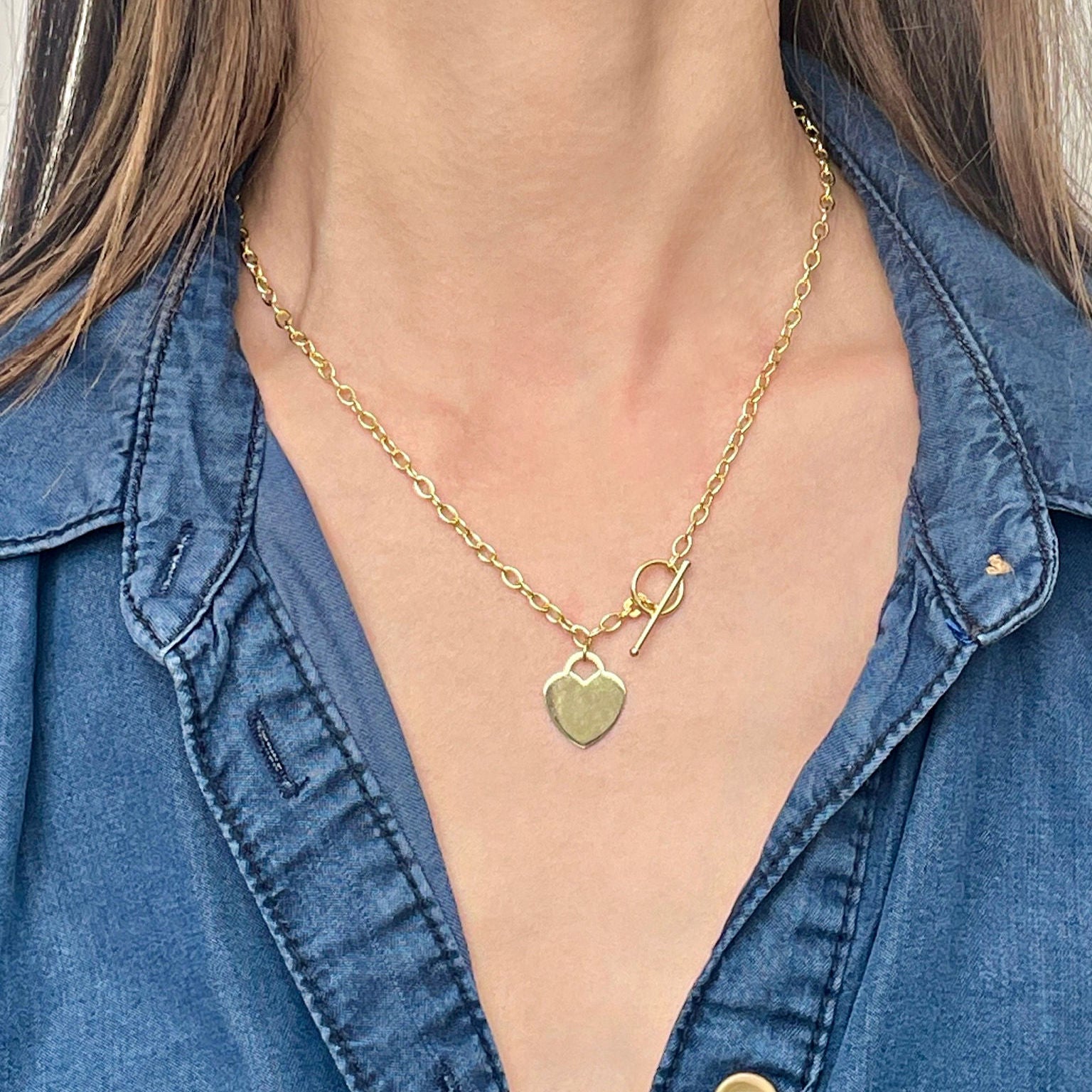 14K Gold Heart Charm Toggle Necklace