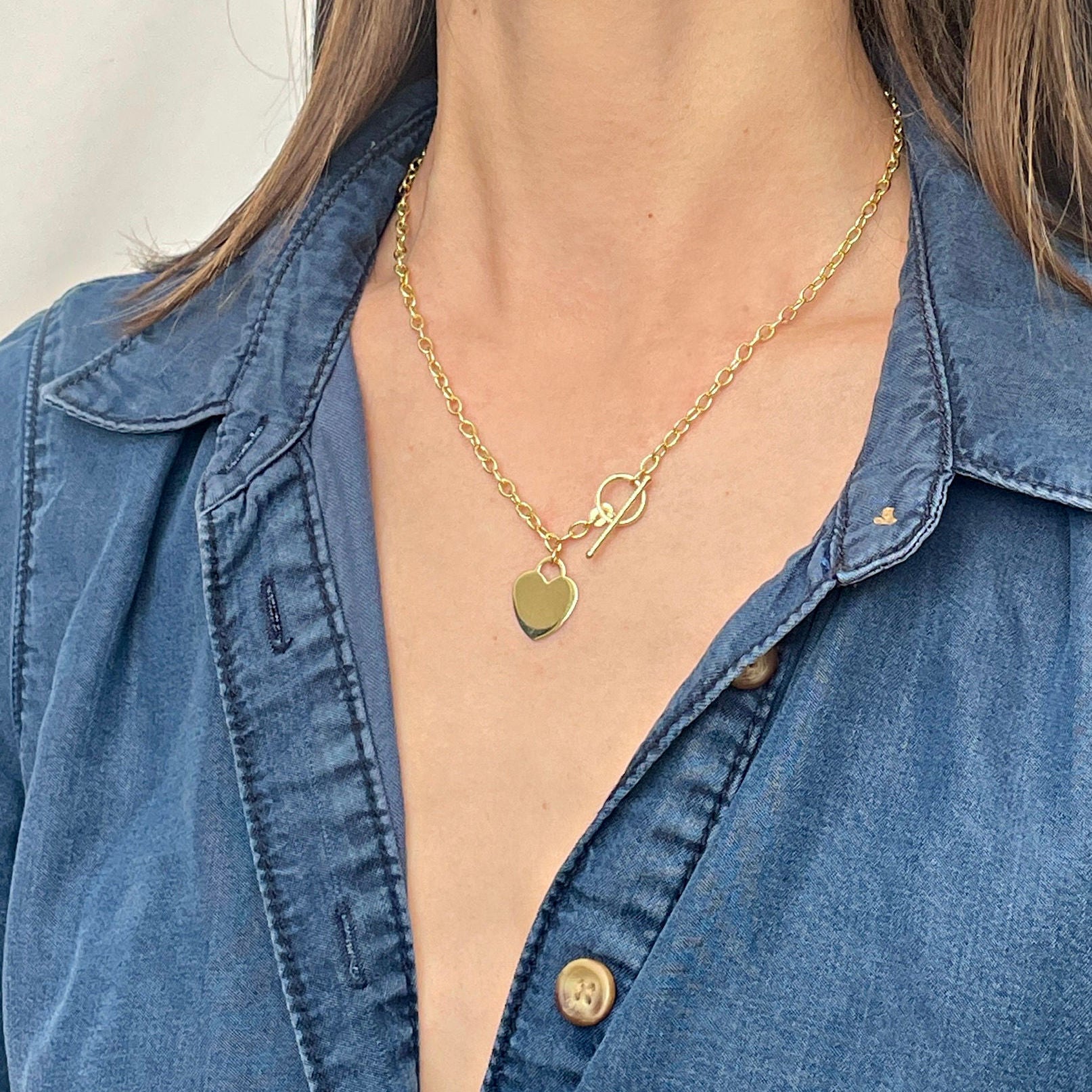 14K Gold Heart Charm Toggle Necklace