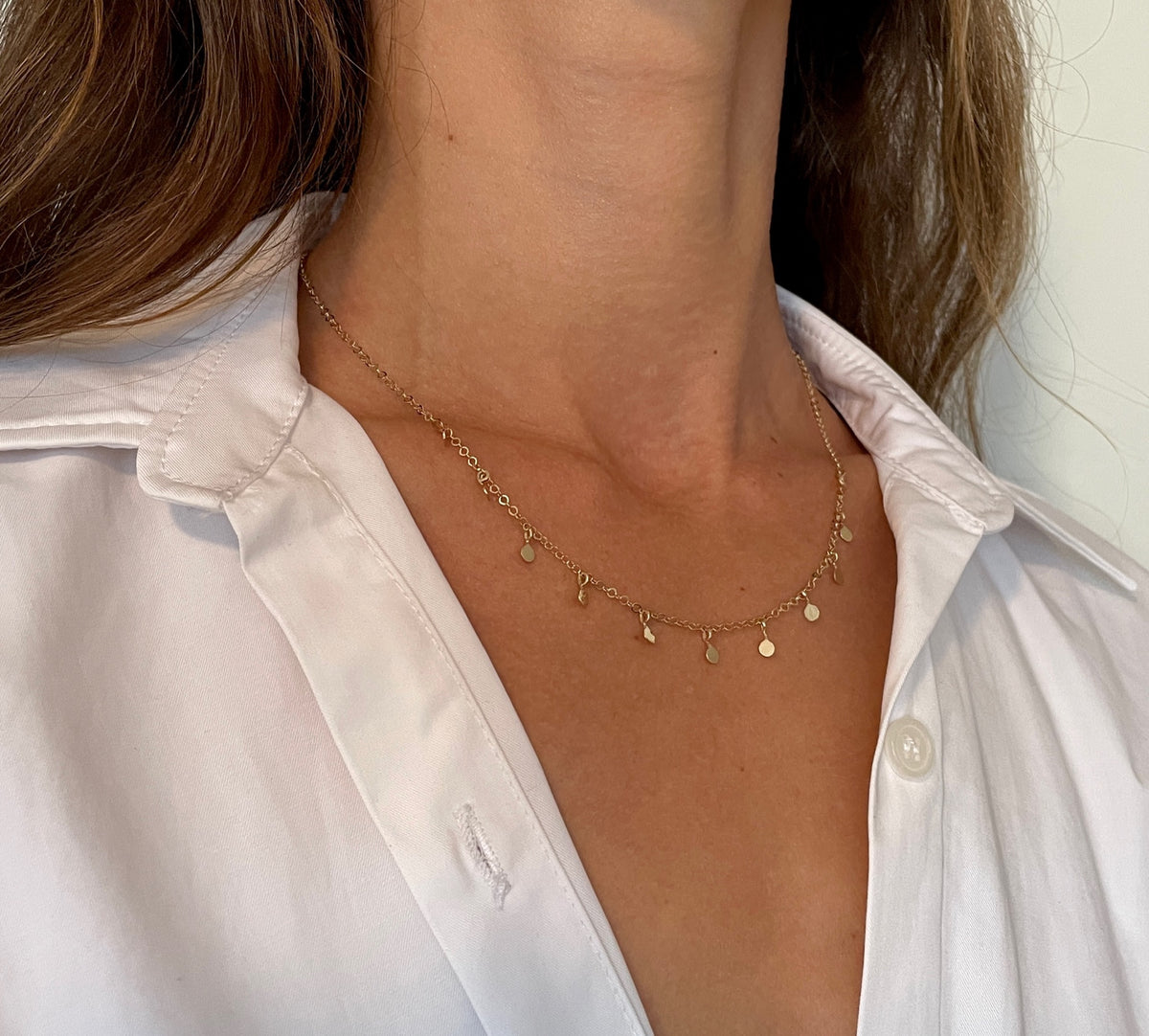 14K Yellow Gold Boho Dangle Disc Choker Necklace, 14-16" Adjustable