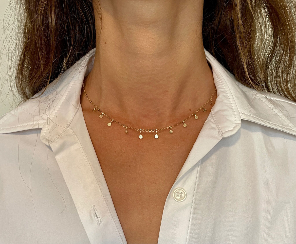 14K Yellow Gold Boho Dangle Disc Choker Necklace, 14-16" Adjustable