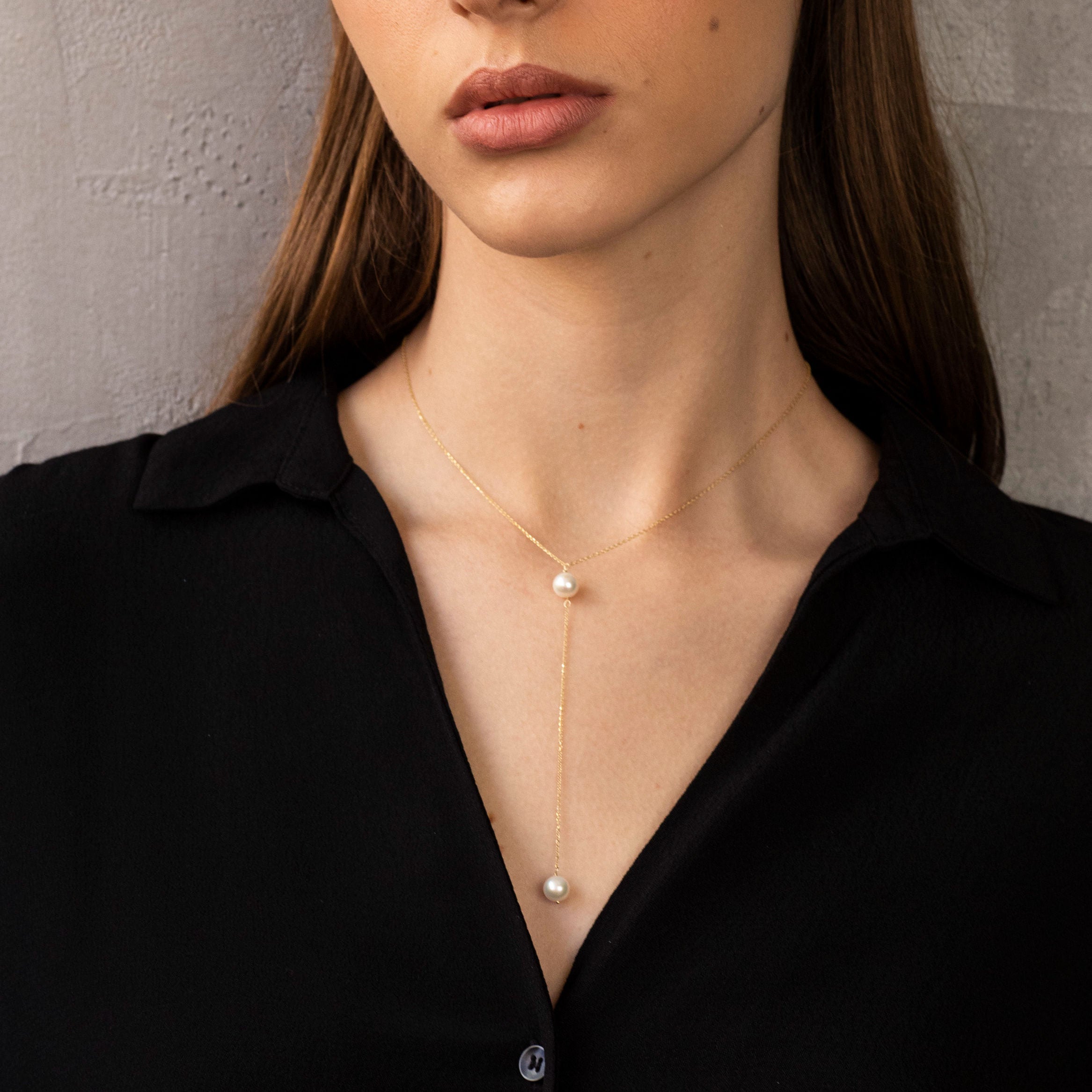 14K Gold Pearl Lariat Necklace