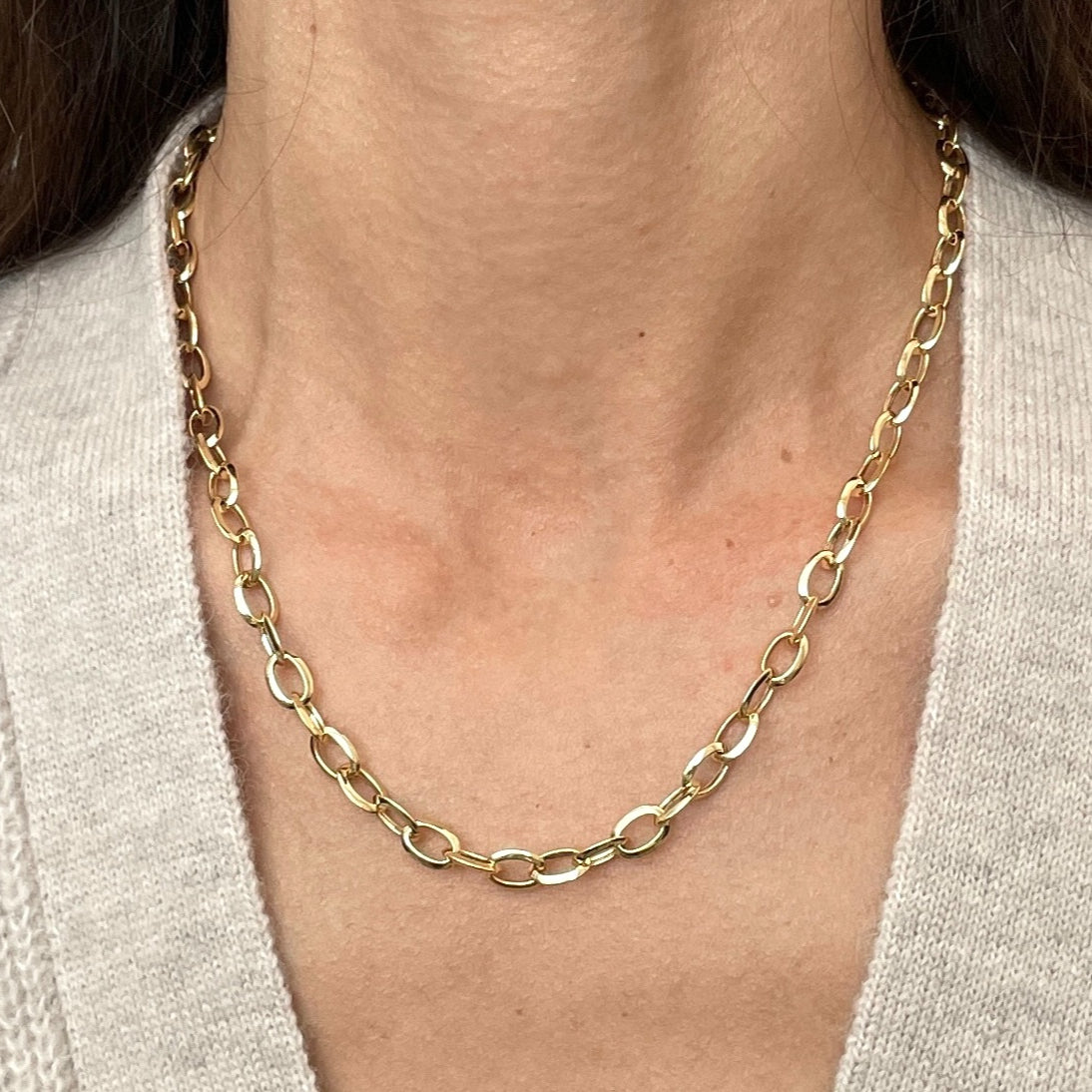 14K Yellow Gold Beveled Oval Link Necklace – 5mm, 18"