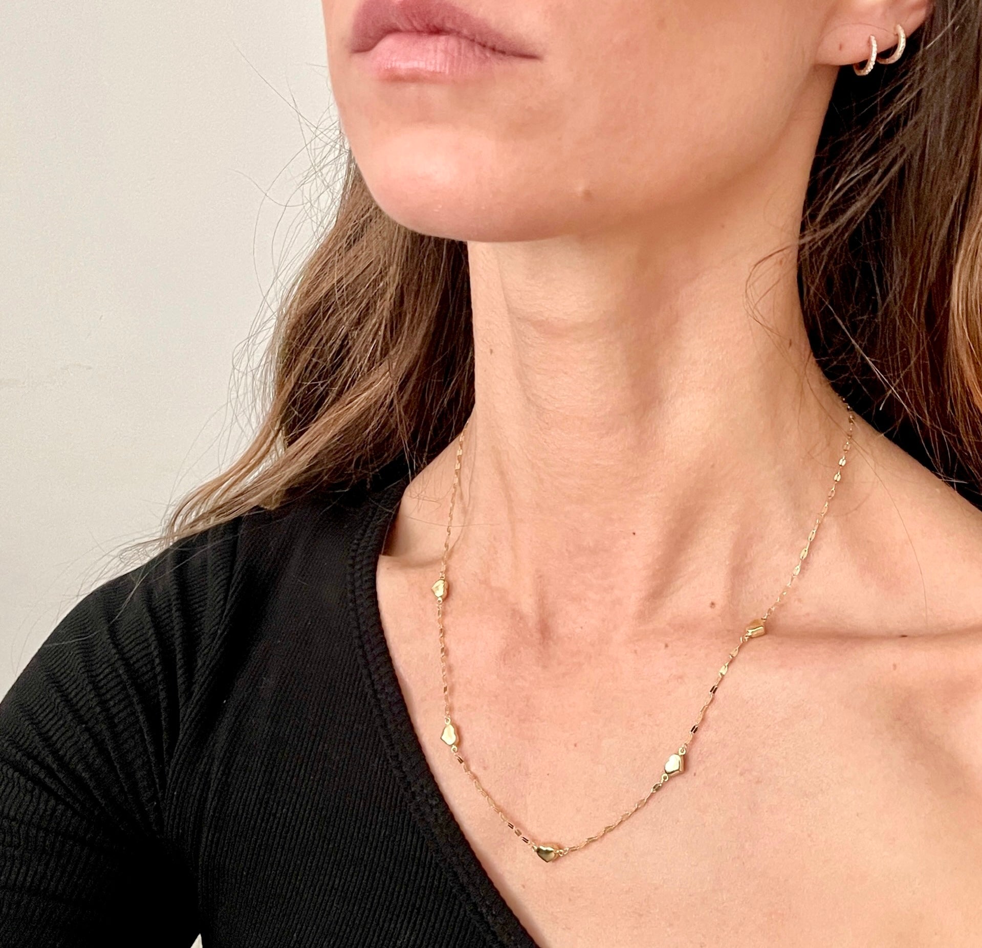 14K Yellow Gold Dainty Puffed Heart Station Necklace, 18"