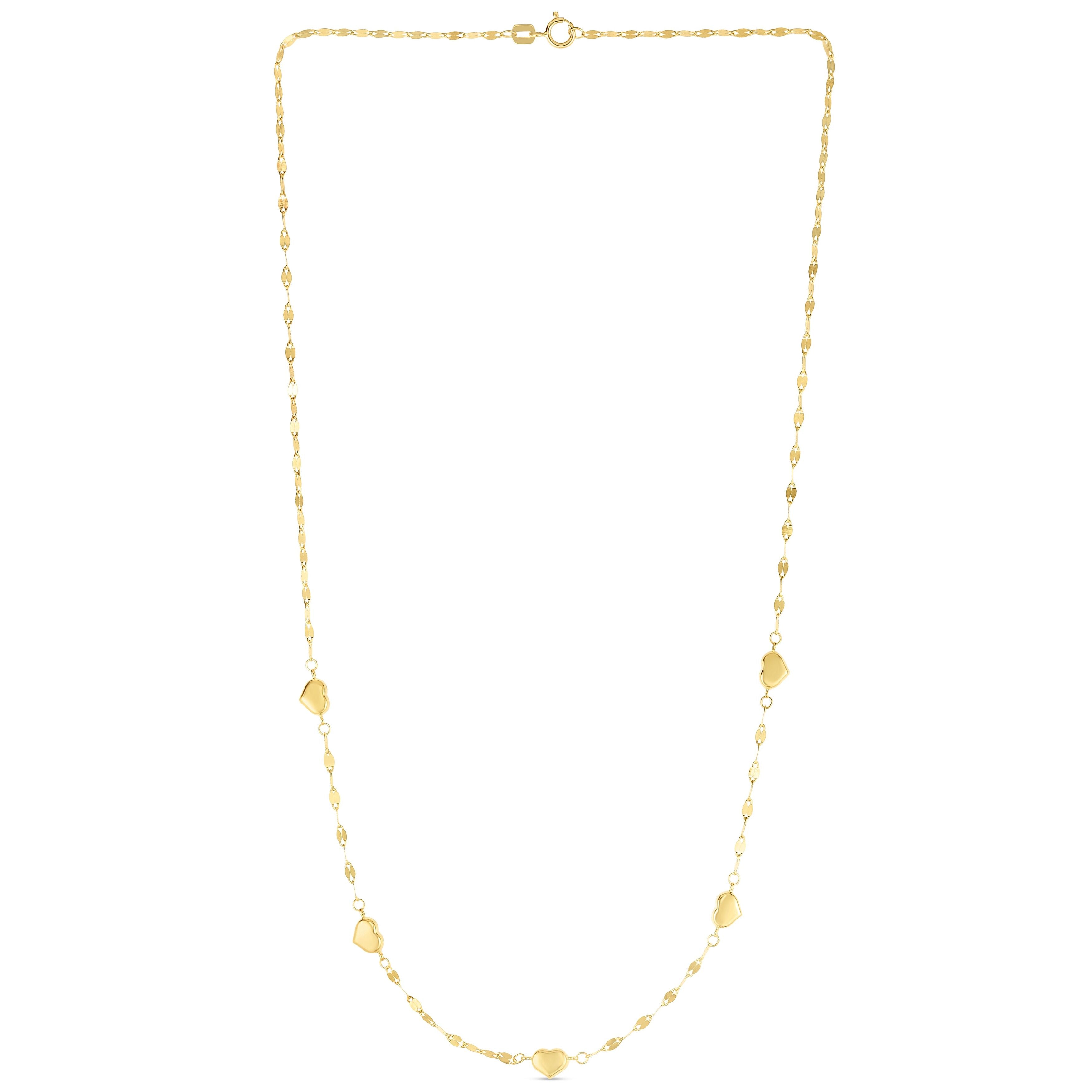 14K Yellow Gold Dainty Puffed Heart Station Necklace, 18"